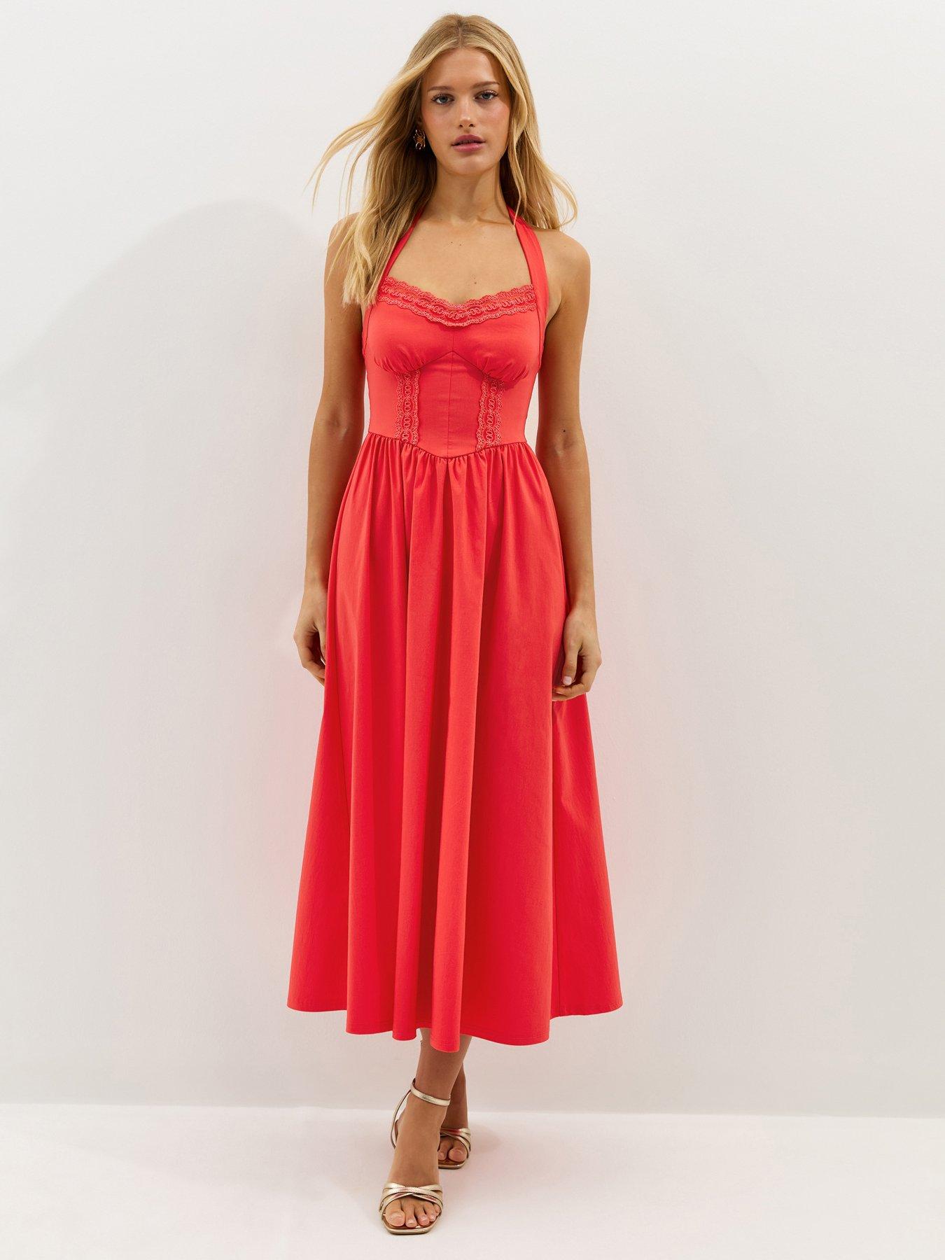 Image 1 of 5 of New Look Embroidered Halter Midi Dress - Dark Coral