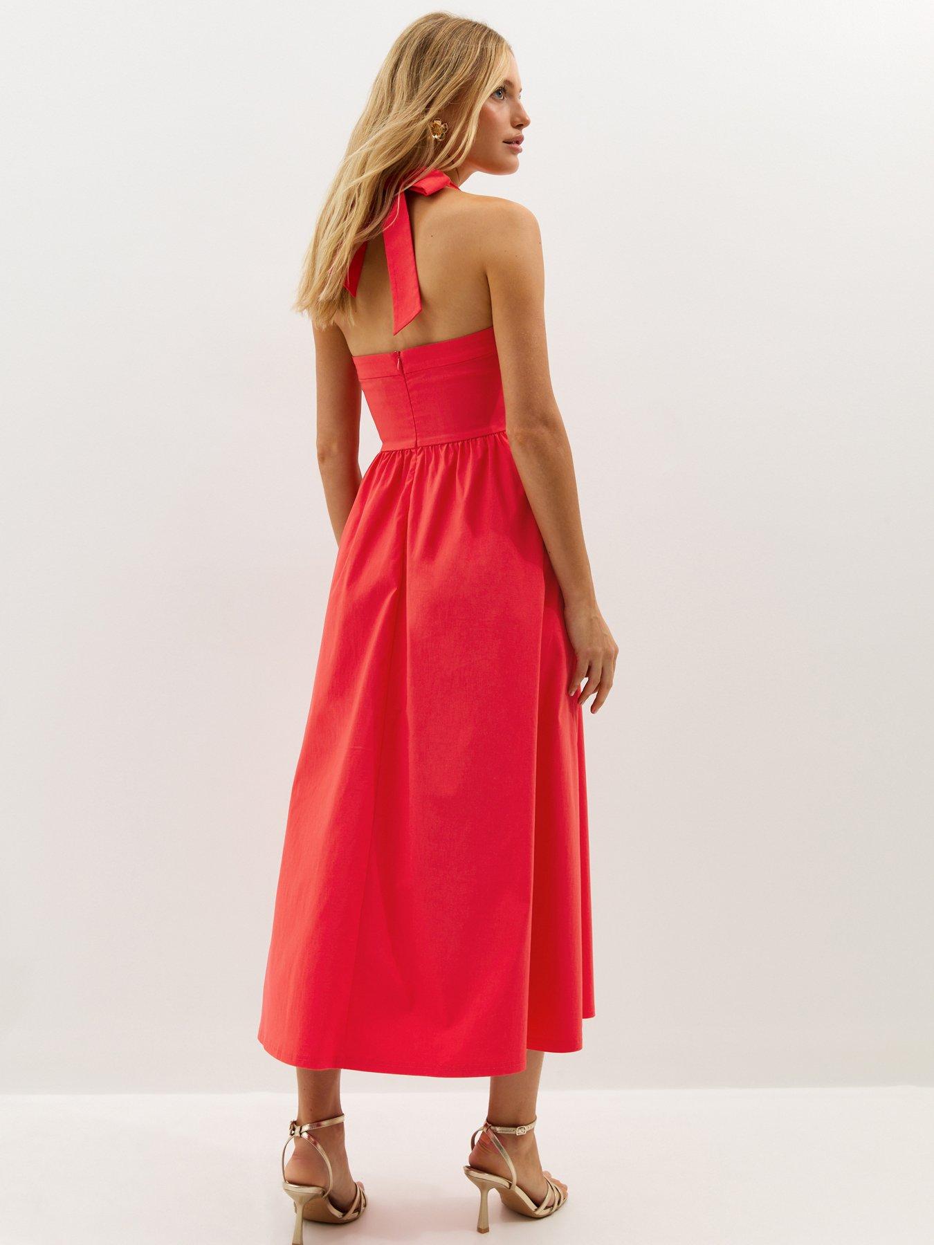 Image 2 of 5 of New Look Embroidered Halter Midi Dress - Dark Coral