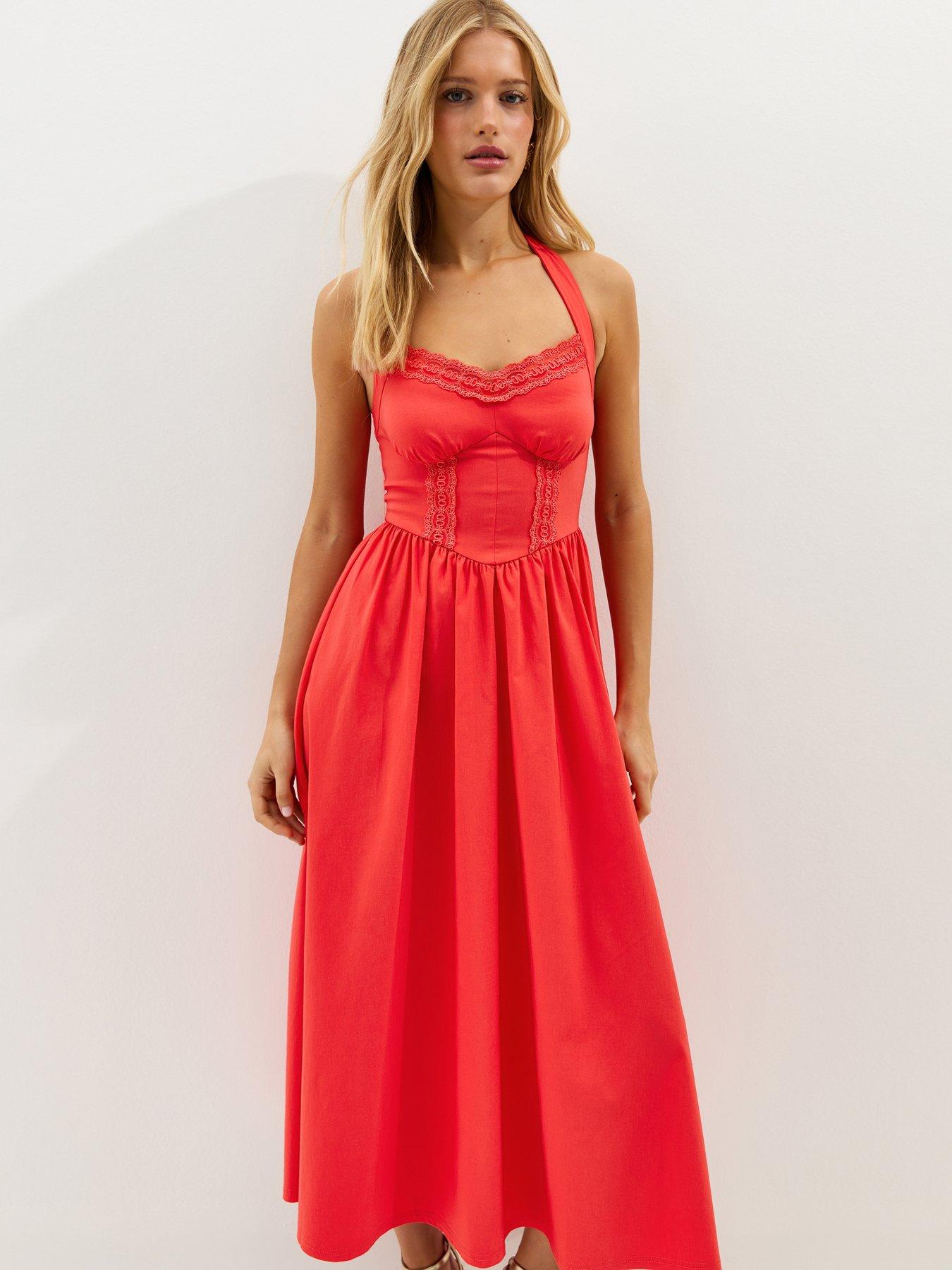 Image 3 of 5 of New Look Embroidered Halter Midi Dress - Dark Coral