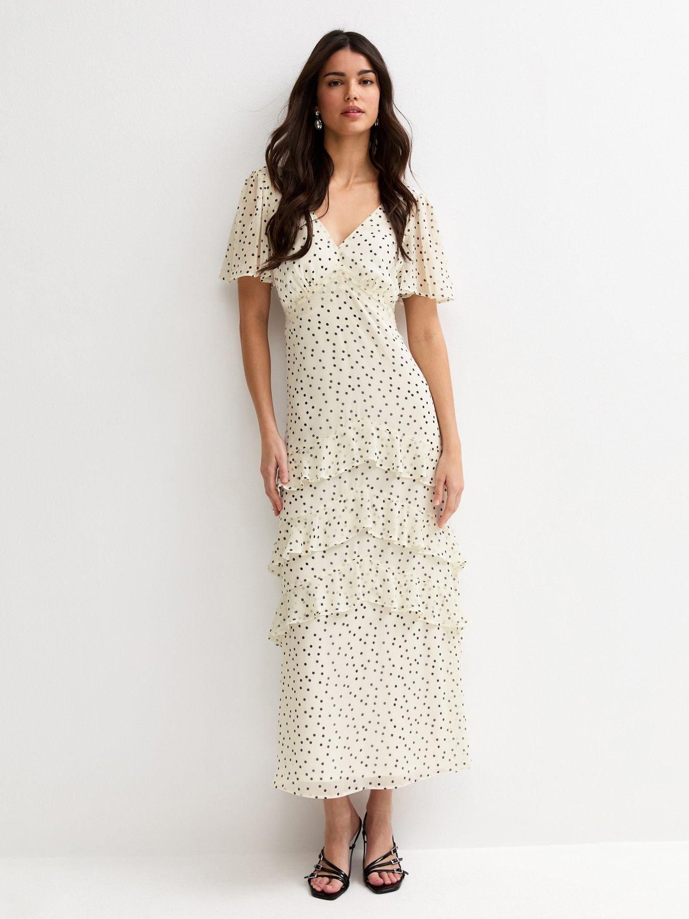 cream chiffon tiered midi dress New Look Cream Polka Dot Chiffon Tiered Midi Dress