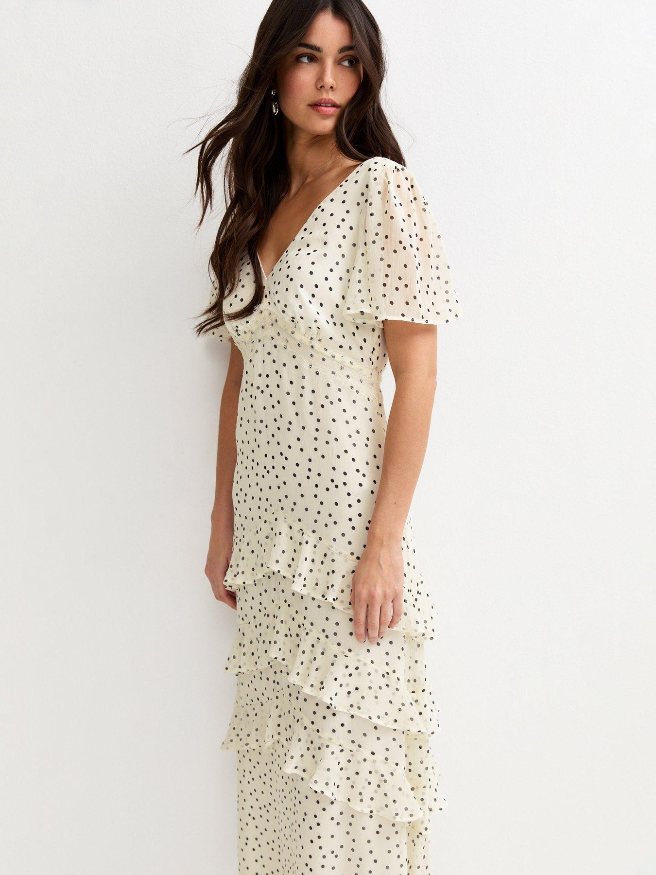 New Look Cream Polka Dot Chiffon Tiered Midi Dress