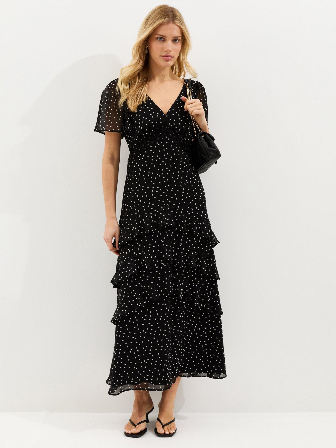 New Look Polka Dot Chiffon Tiered Midi Dress - Black