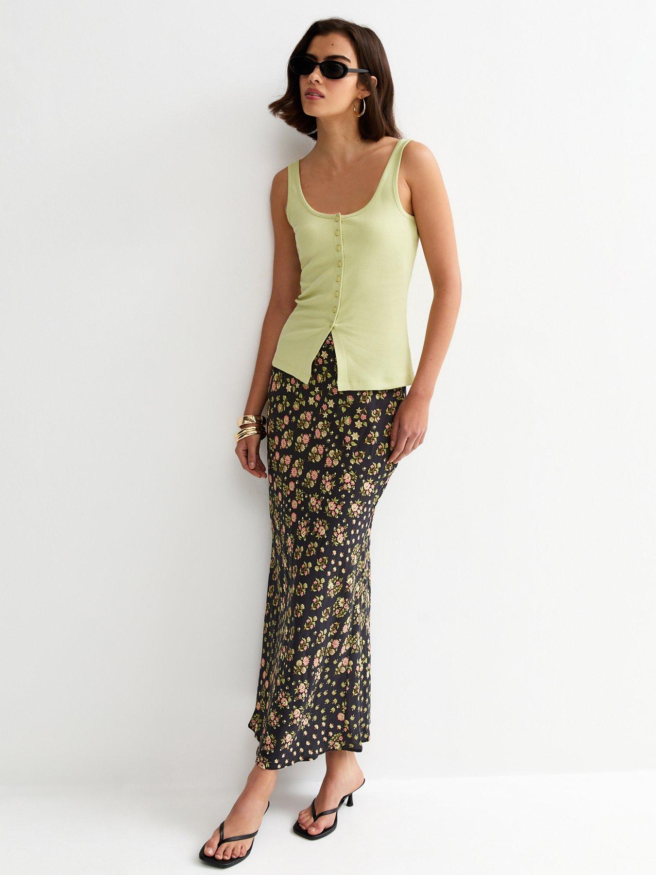 New Look Black Floral Bias Cut Midi Skirt