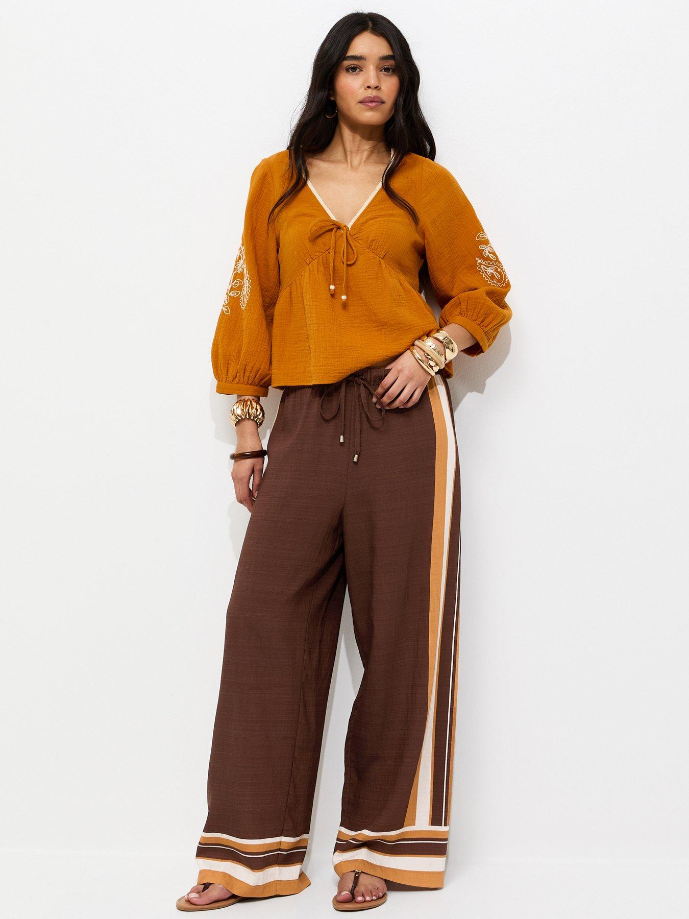 New Look Border Stripe Wide Leg Trousers - Brown