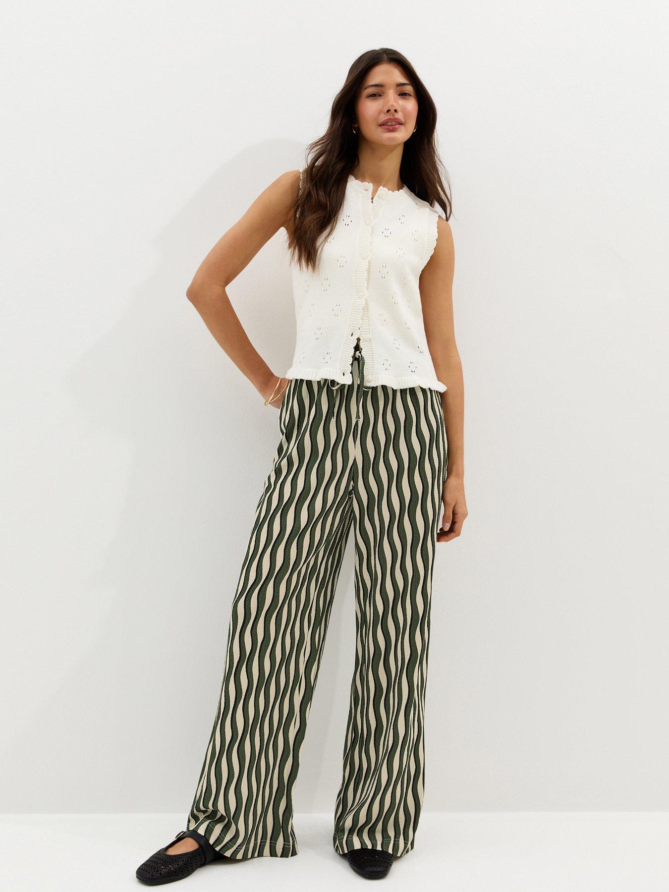 New Look Jersey Wave Patterned Wide Leg Trousers - Green