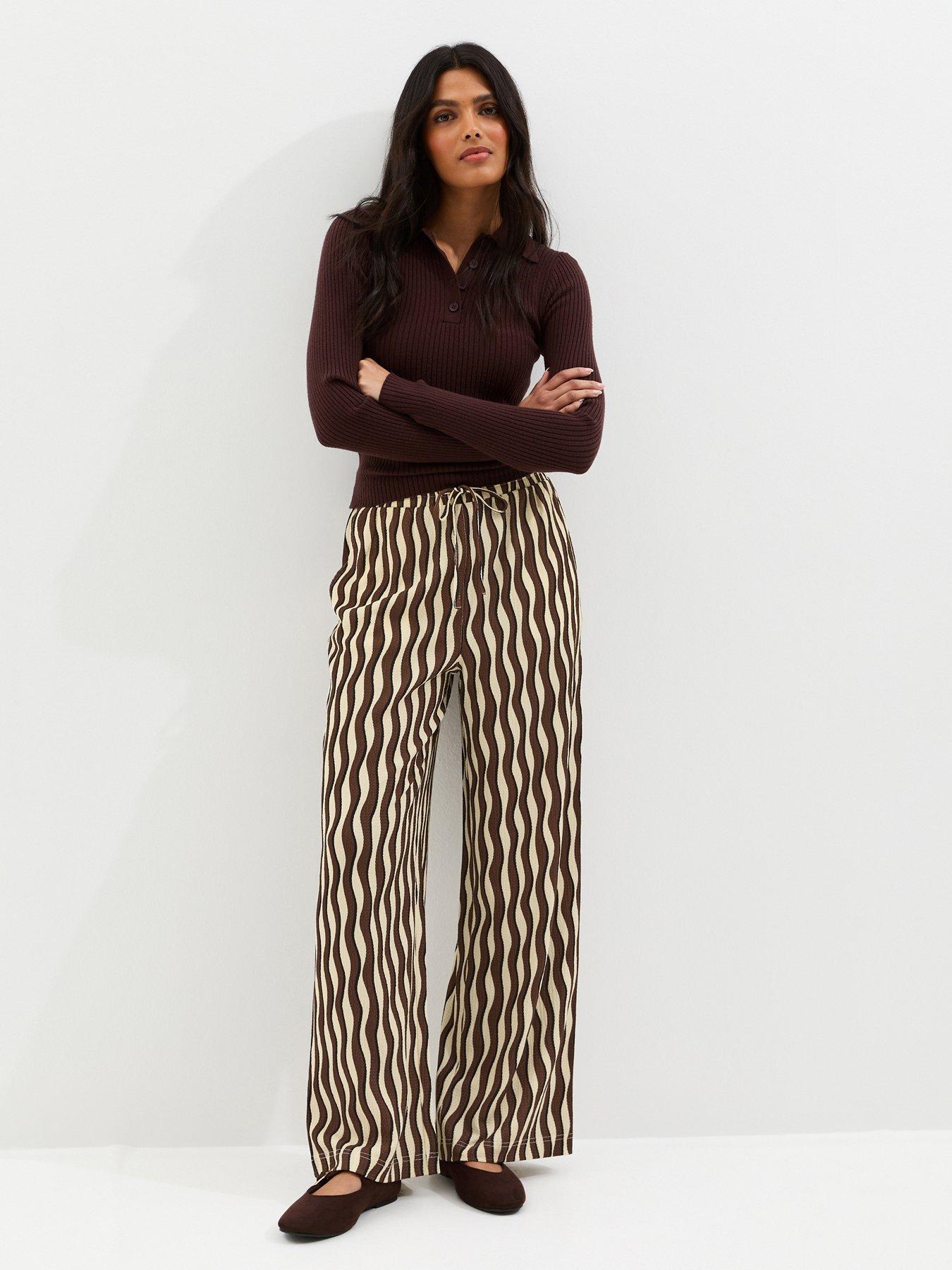 Image 1 of 5 of New Look Jersey Wave Patterned Wide Leg Trousers - Brown