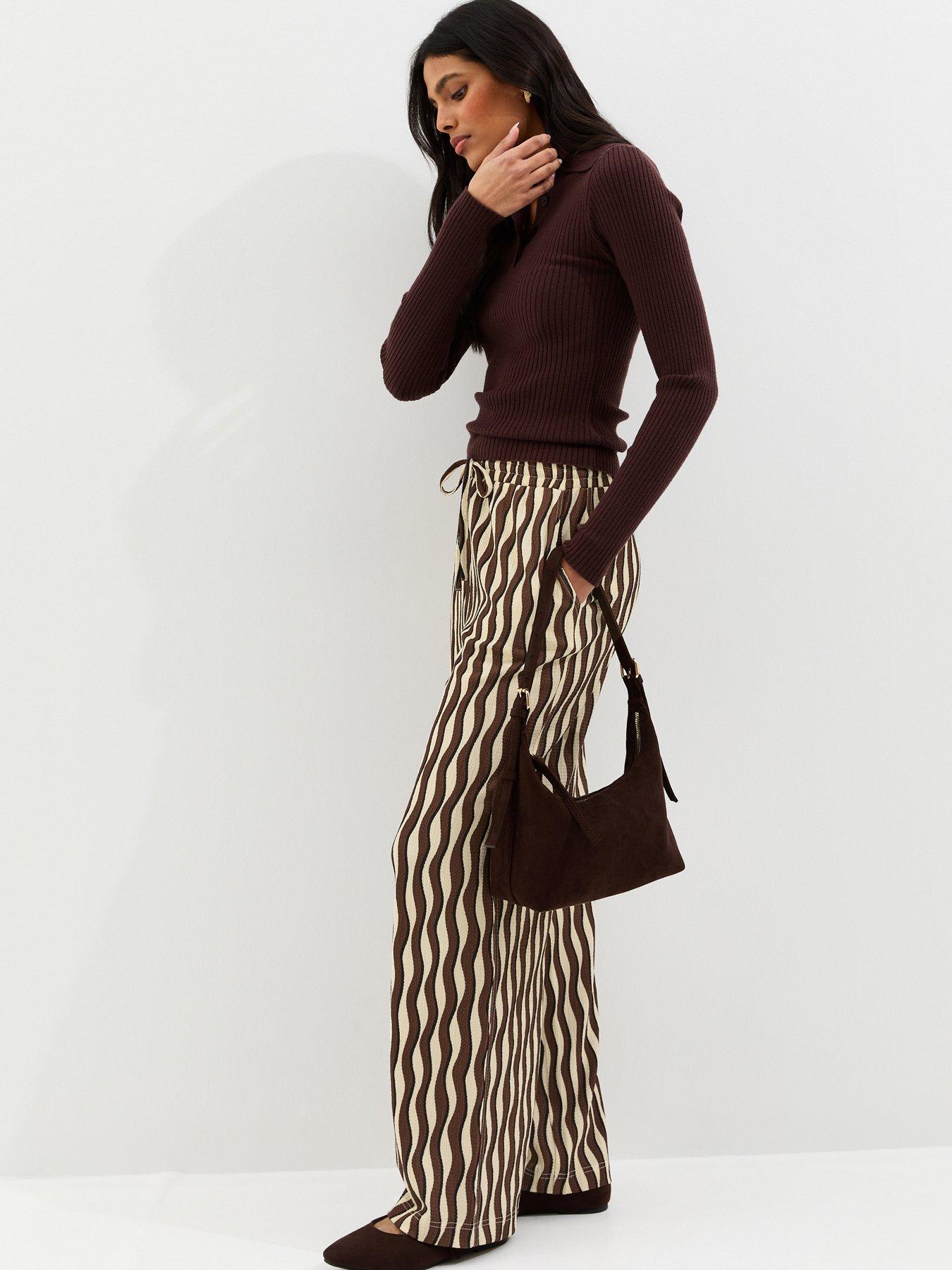 Image 3 of 5 of New Look Jersey Wave Patterned Wide Leg Trousers - Brown