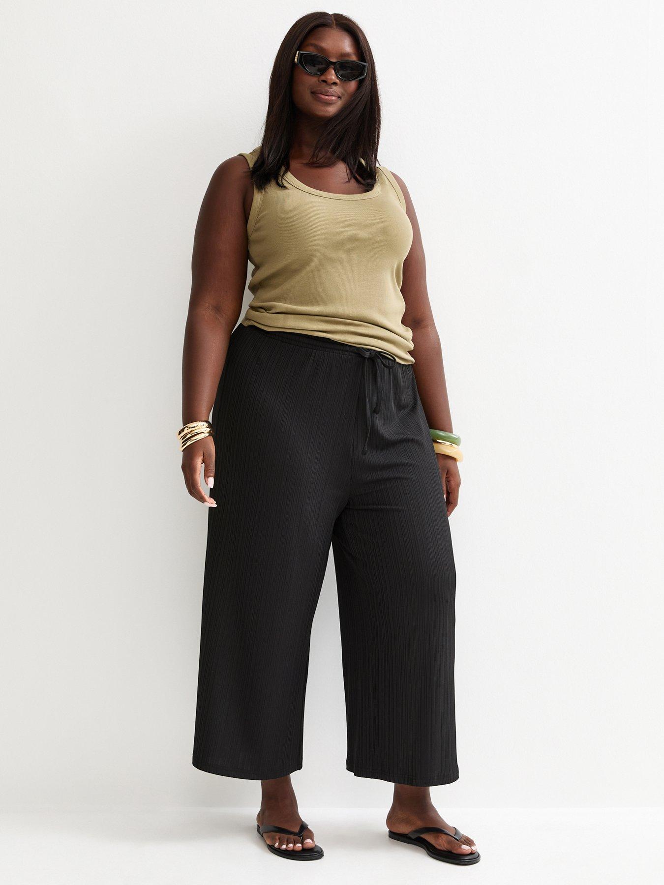  image of new-look-curves-ribbed-drawstring-cropped-trousers-black