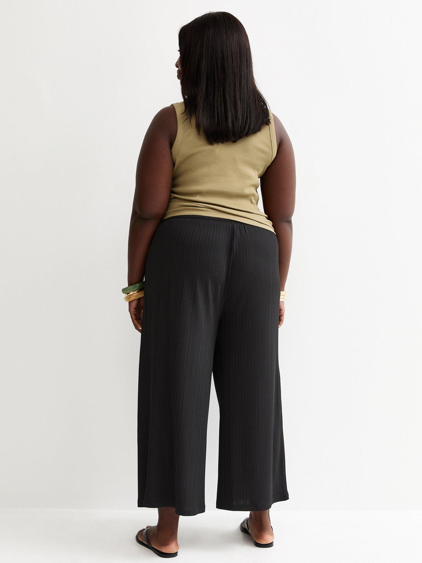 stillFront image of new-look-curves-ribbed-drawstring-cropped-trousers-black