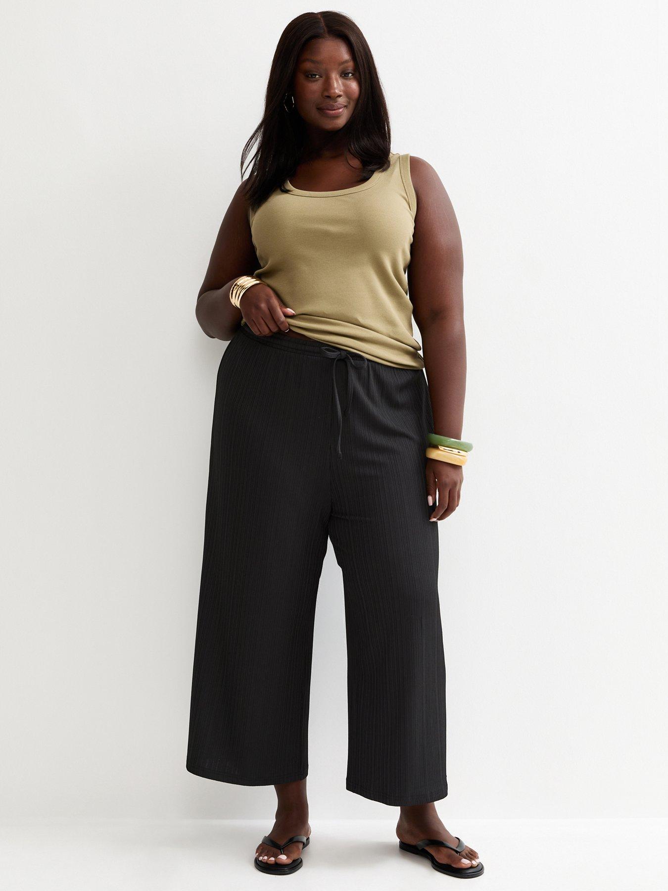  image of new-look-curves-ribbed-drawstring-cropped-trousers-black