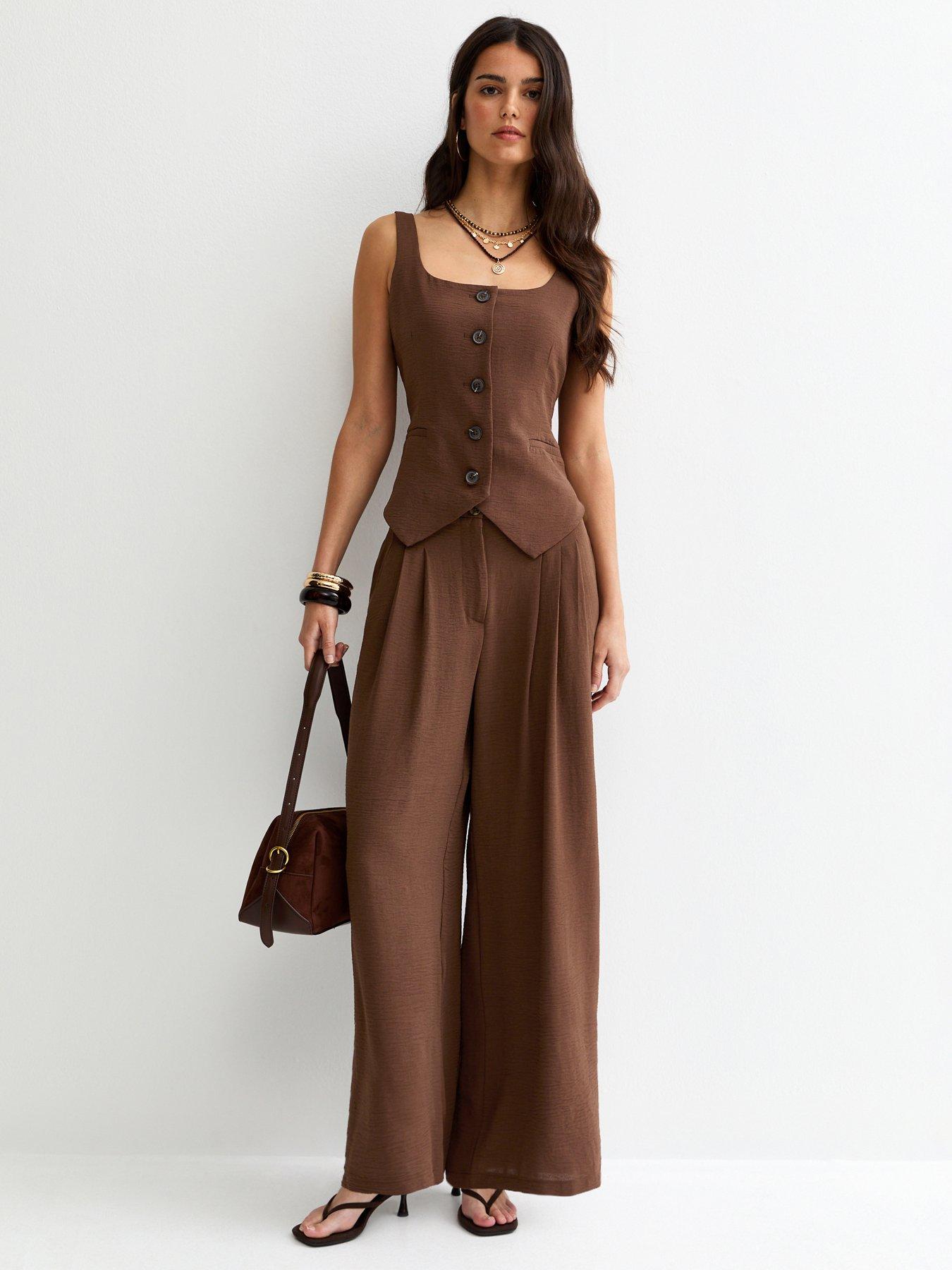 New Look Wide Leg Pleated Trousers - Dark Brown