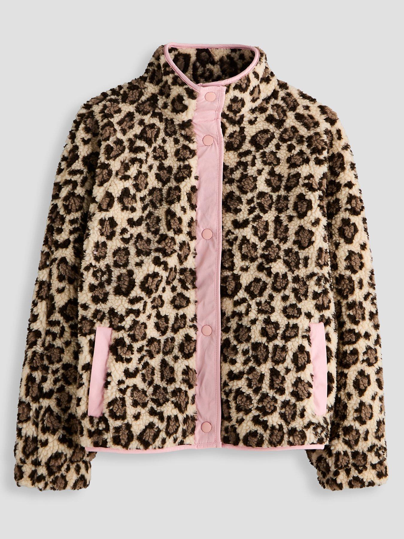 Image 1 of 4 of The Very Collection Girls Leopard Borg Popper-Front Jacket (5 - 16 years) - Brown
