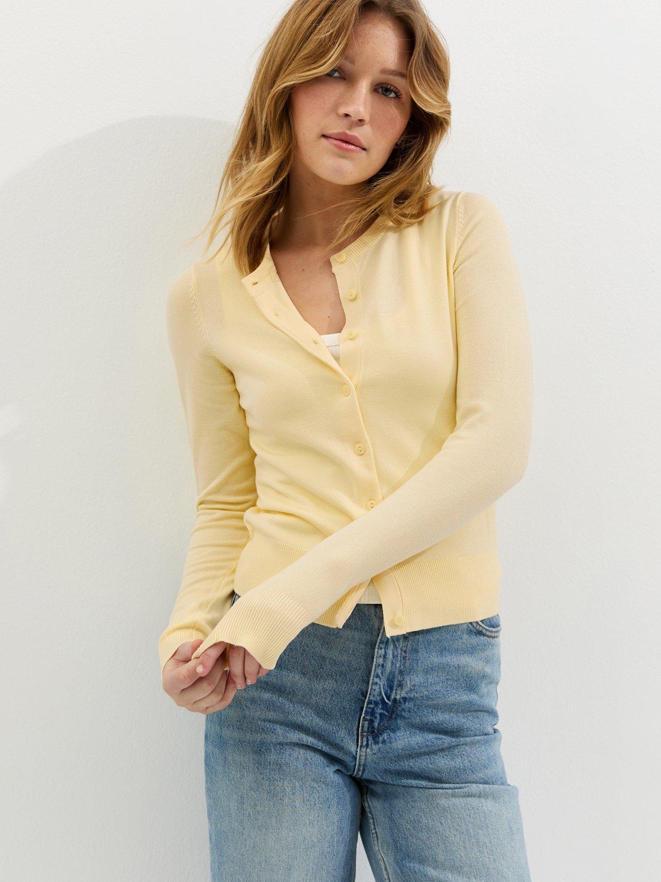 New Look Knit Crew Neck Button Up Cardigan - Light Yellow