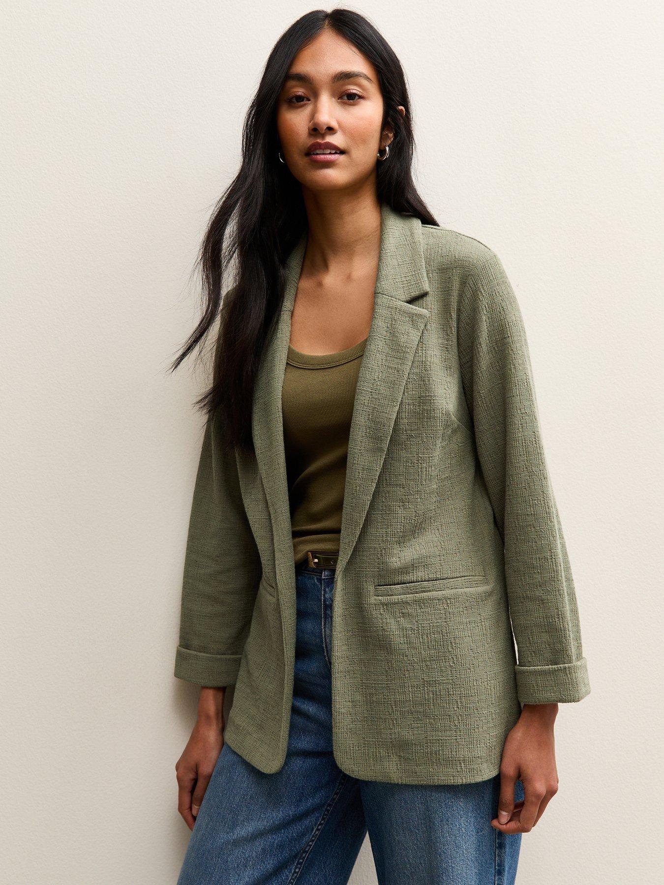 New Look Dark Khaki Stretchy Textured Jersey Blazer