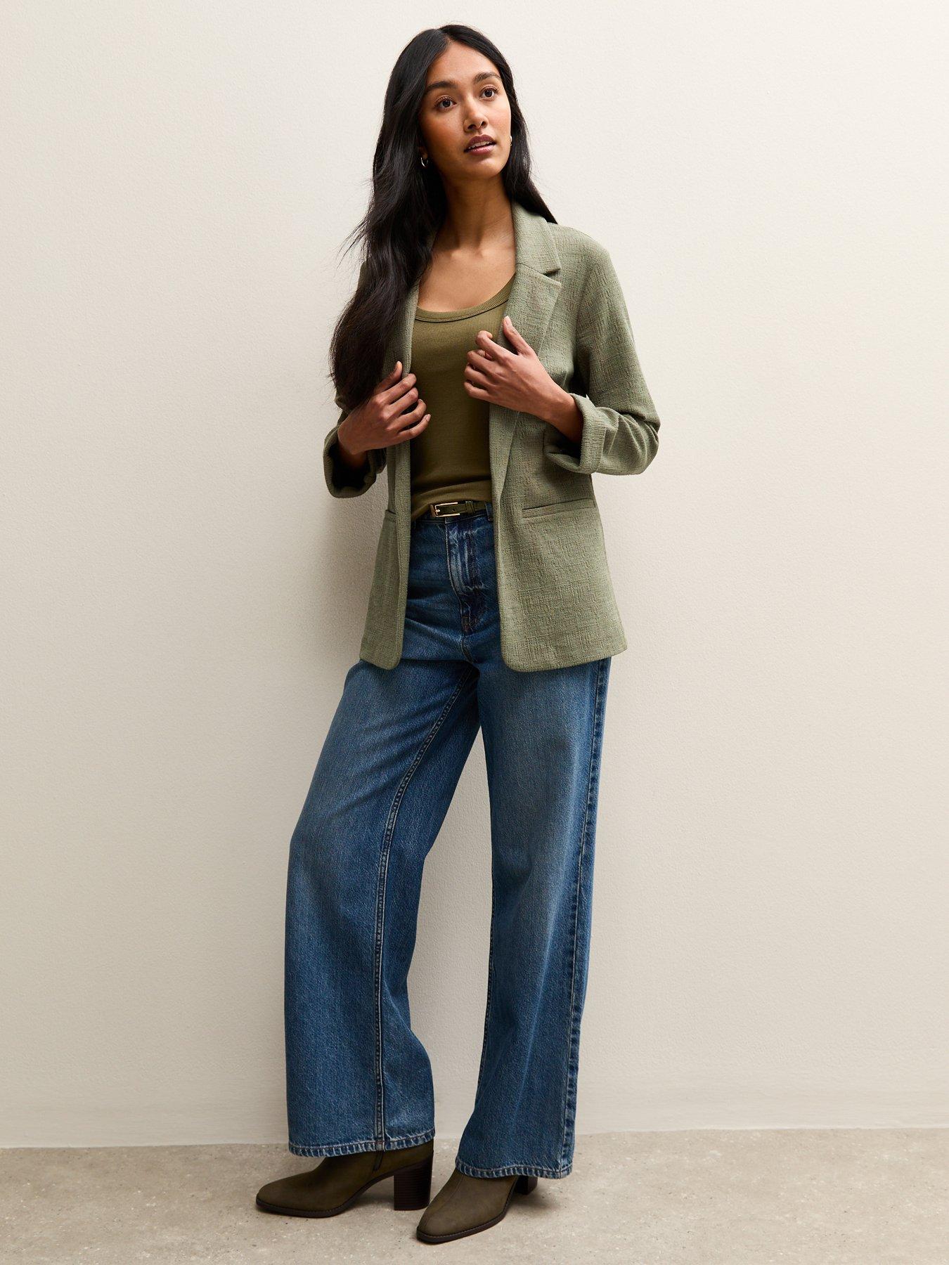Image 3 of 5 of New Look Dark Khaki Stretchy Textured Jersey Blazer