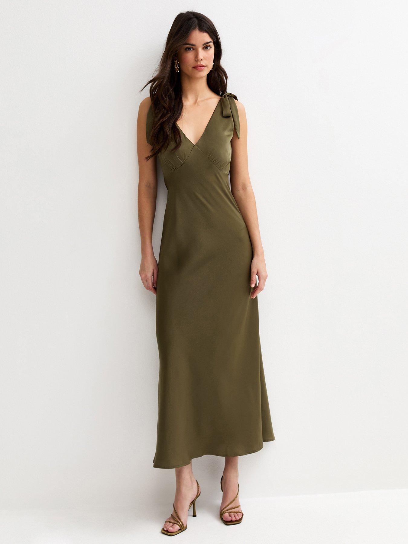 New Look Tie Shoulder Plunge Maxi Dress - Light Khaki