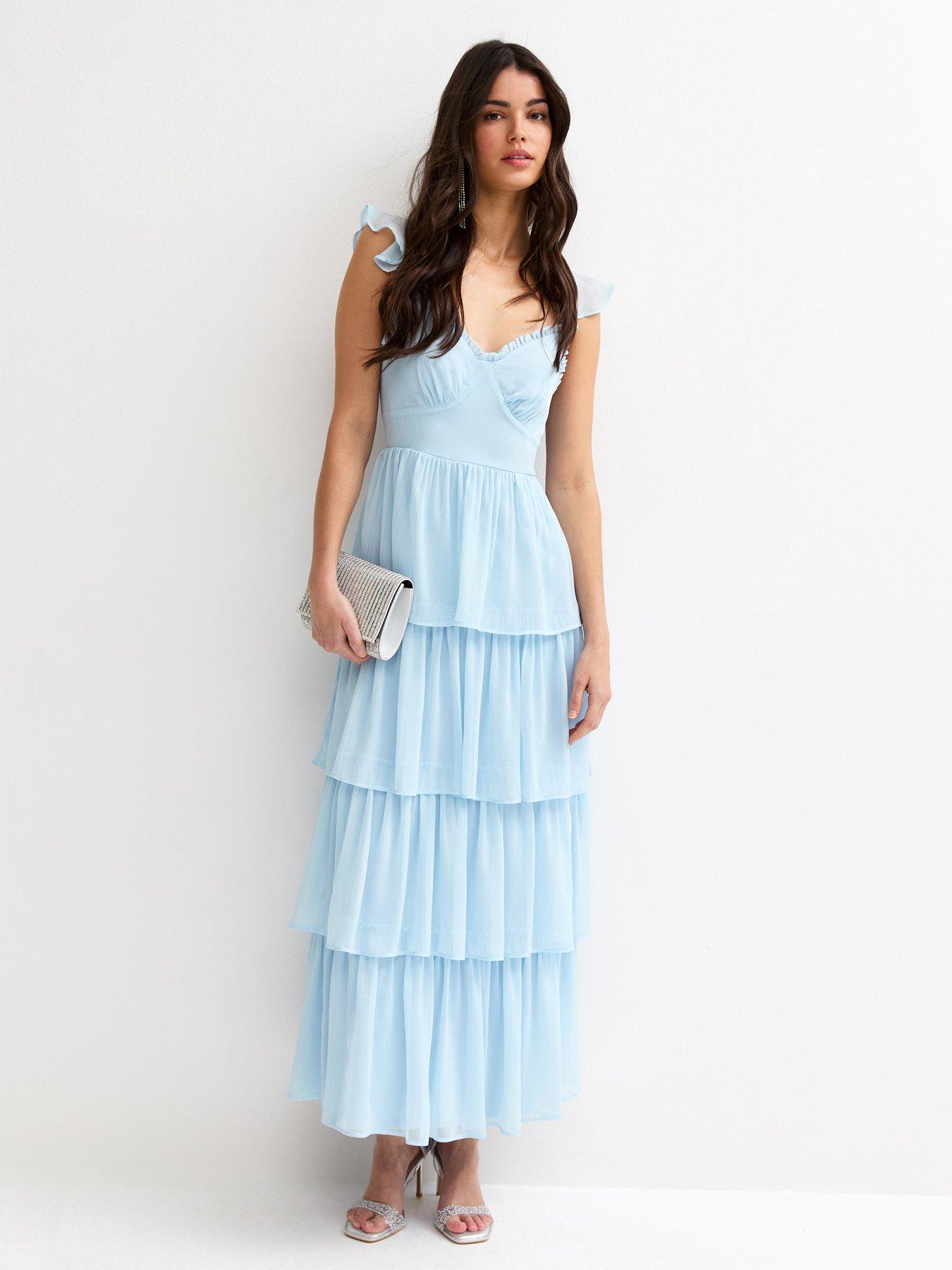 Image 1 of 5 of New Look Tiered Chiffon Midi Dress - Light Blue