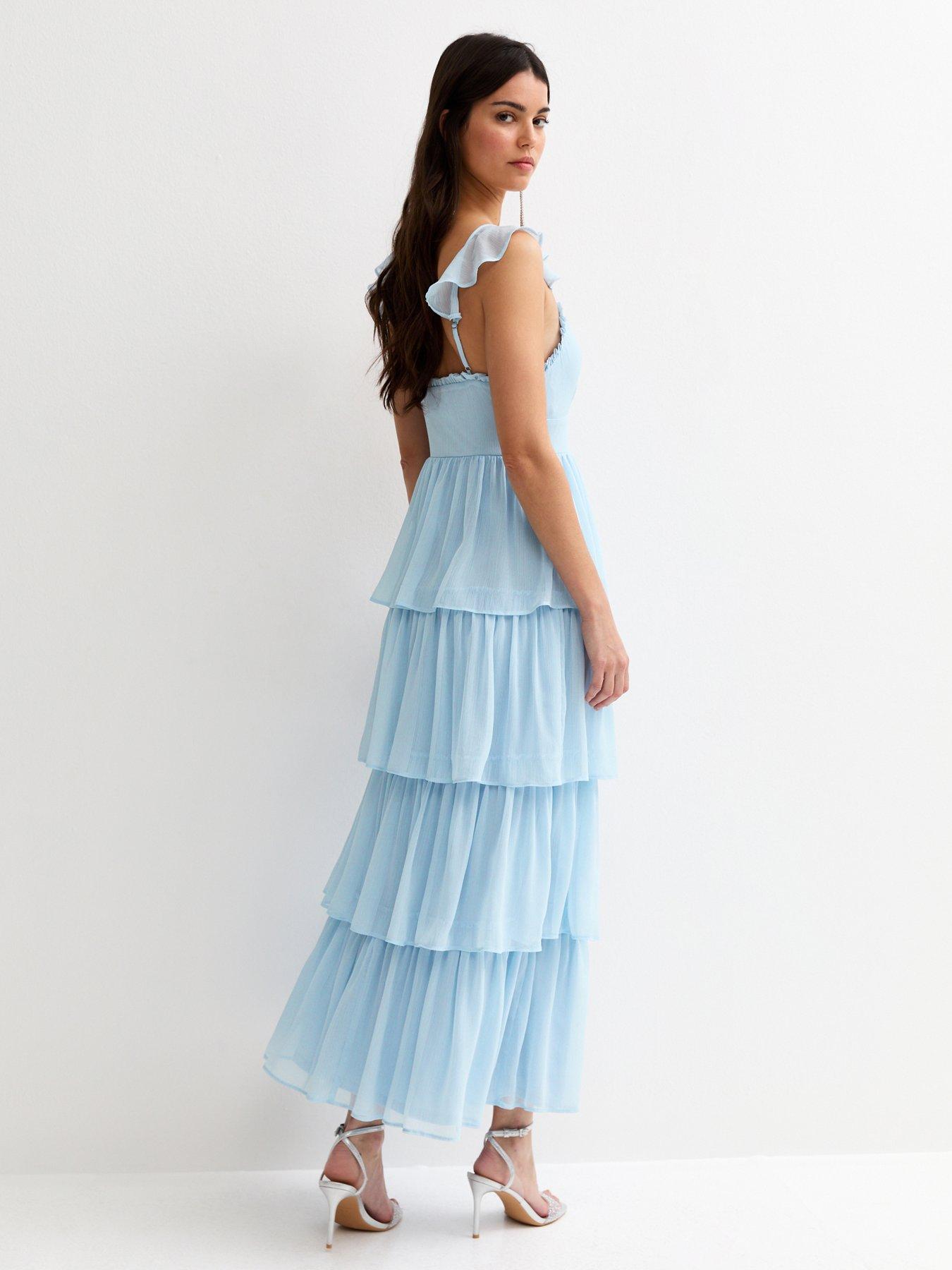 Image 2 of 5 of New Look Tiered Chiffon Midi Dress - Light Blue