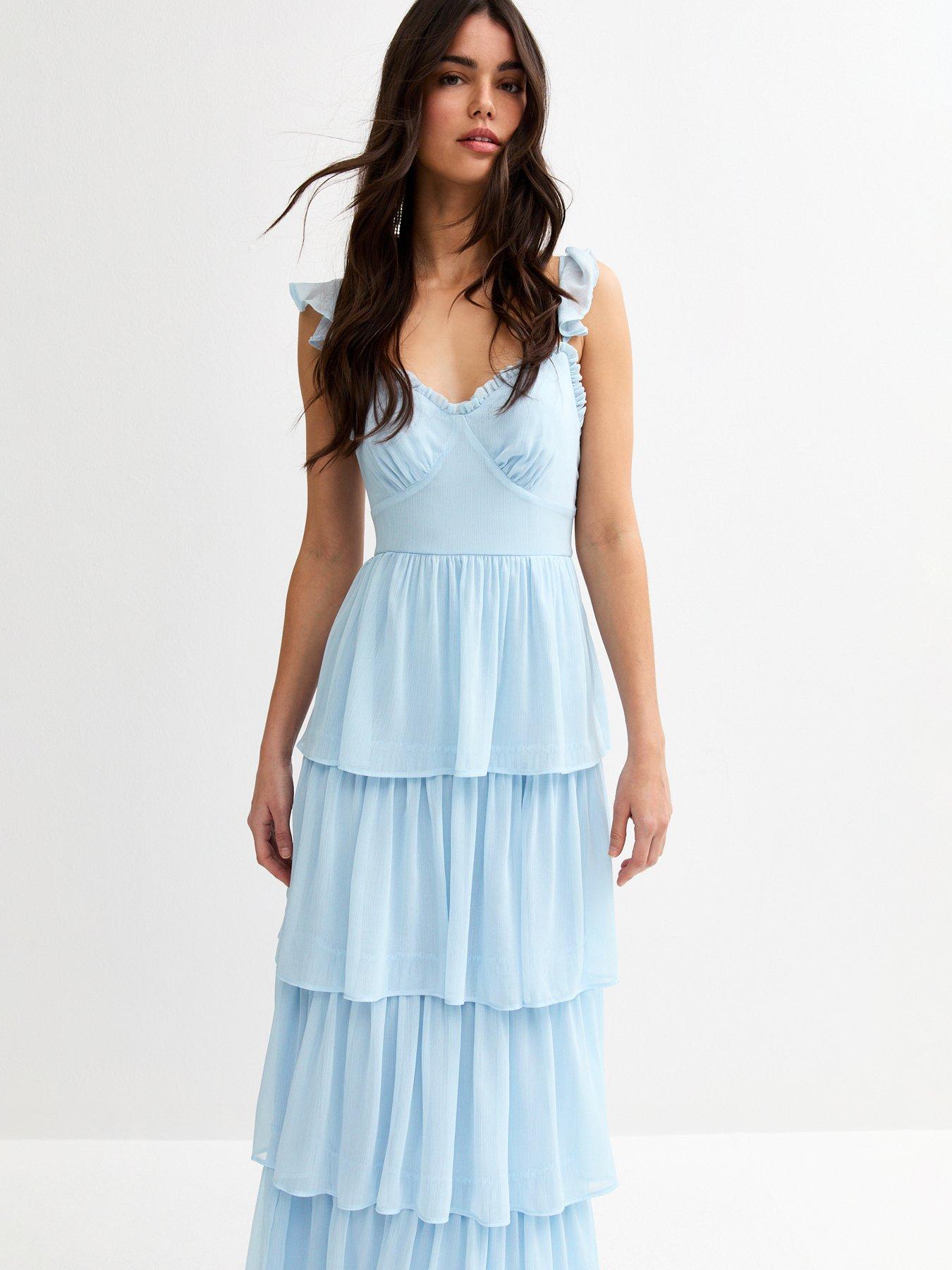 Image 3 of 5 of New Look Tiered Chiffon Midi Dress - Light Blue