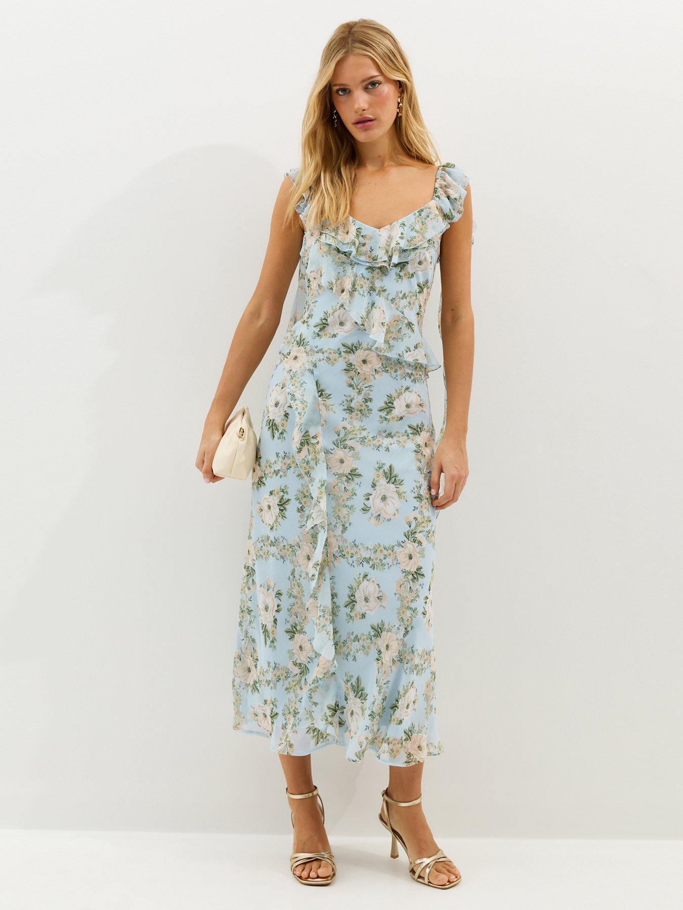New Look Light Blue Floral Chiffon Ruffle Midi Dress