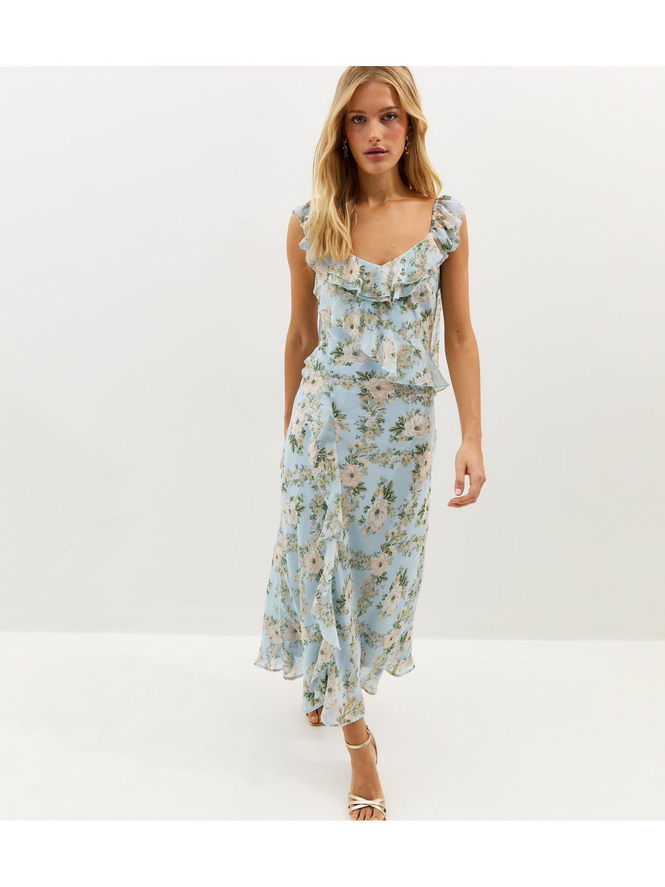 Image 3 of 5 of New Look Floral Chiffon Ruffle Midi Dress - Light Blue