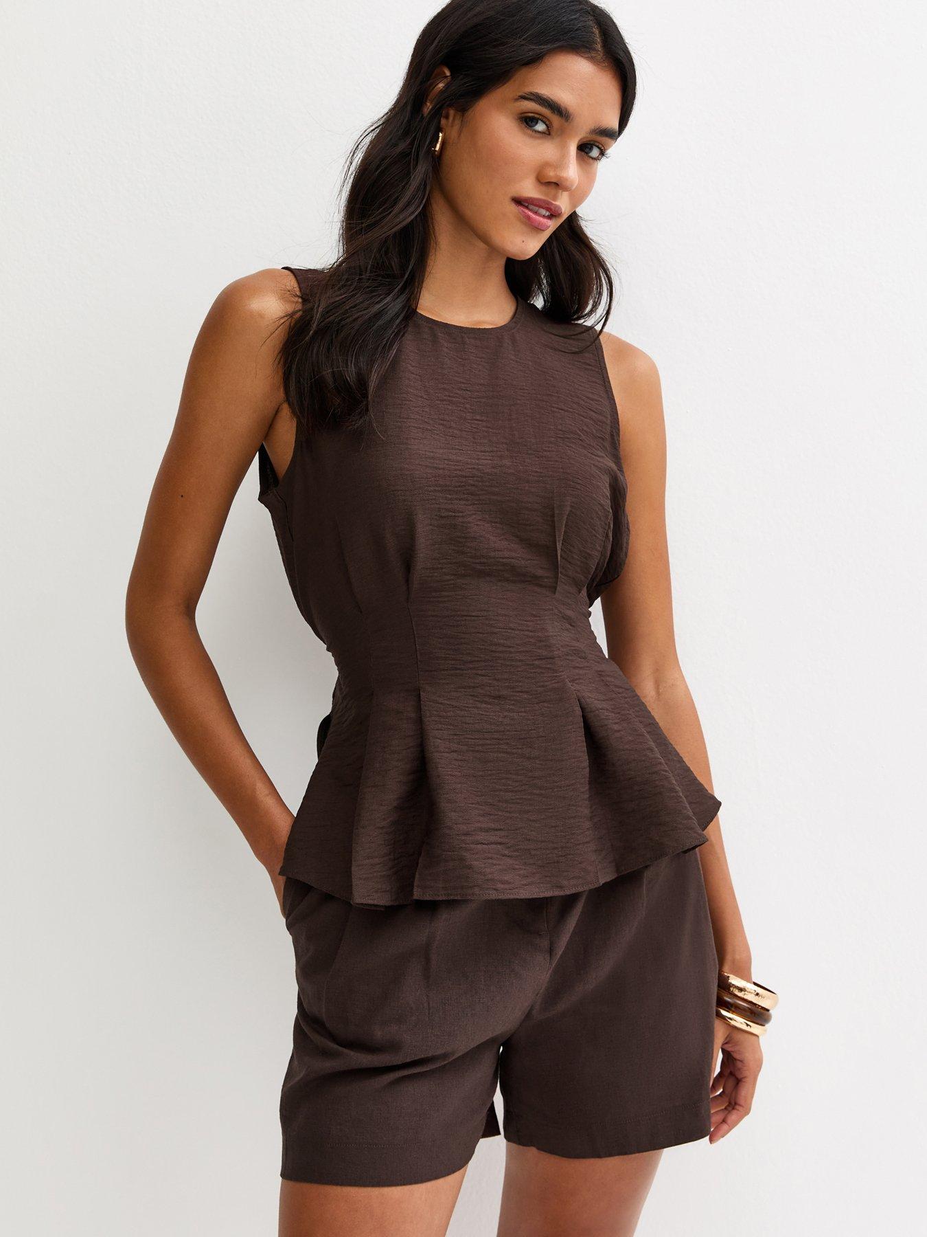  image of new-look-flared-hem-sleeveless-top-dark-brown
