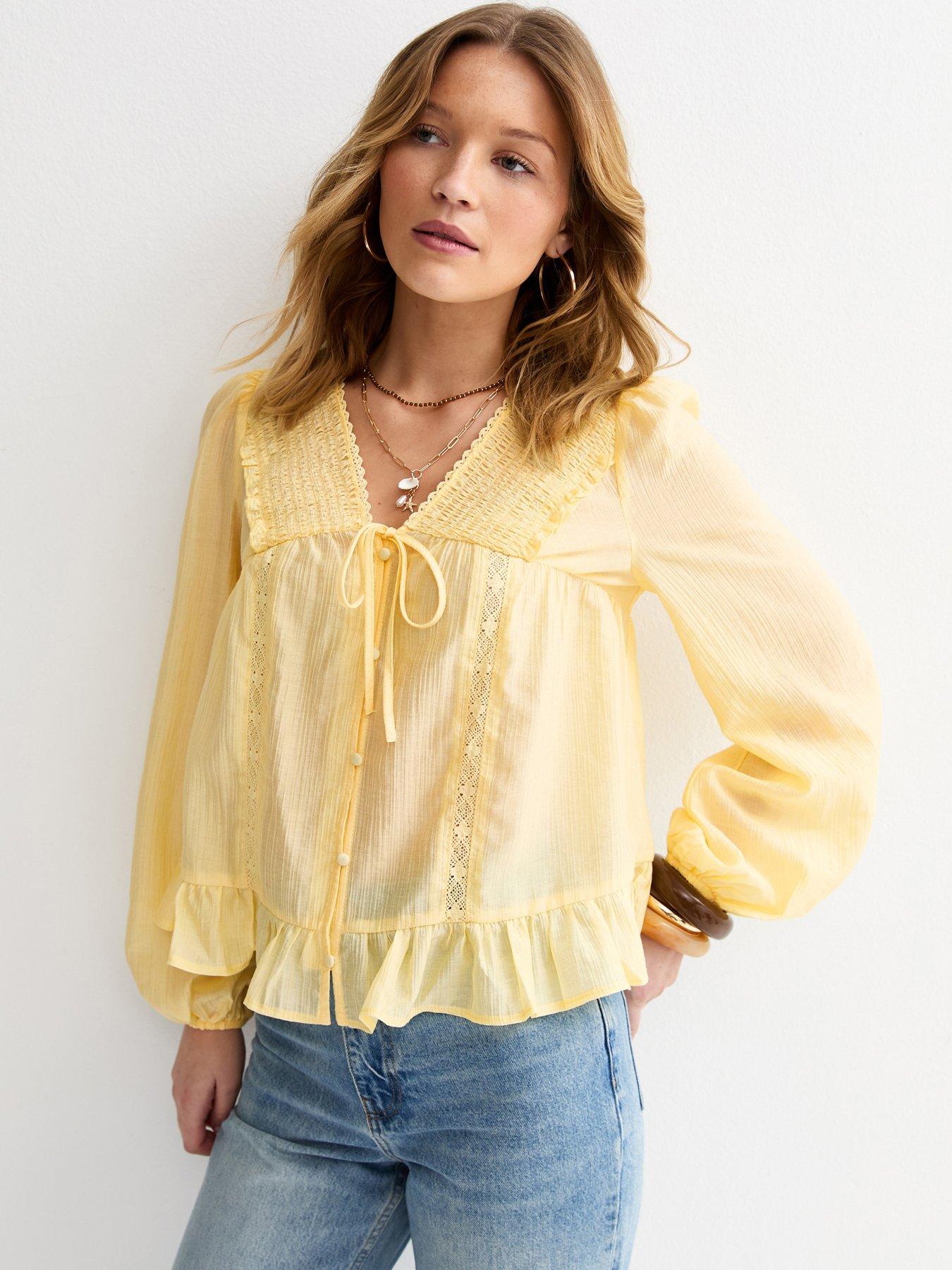 front image of new-look-lace-button-long-sleeve-blouse-light-yellow