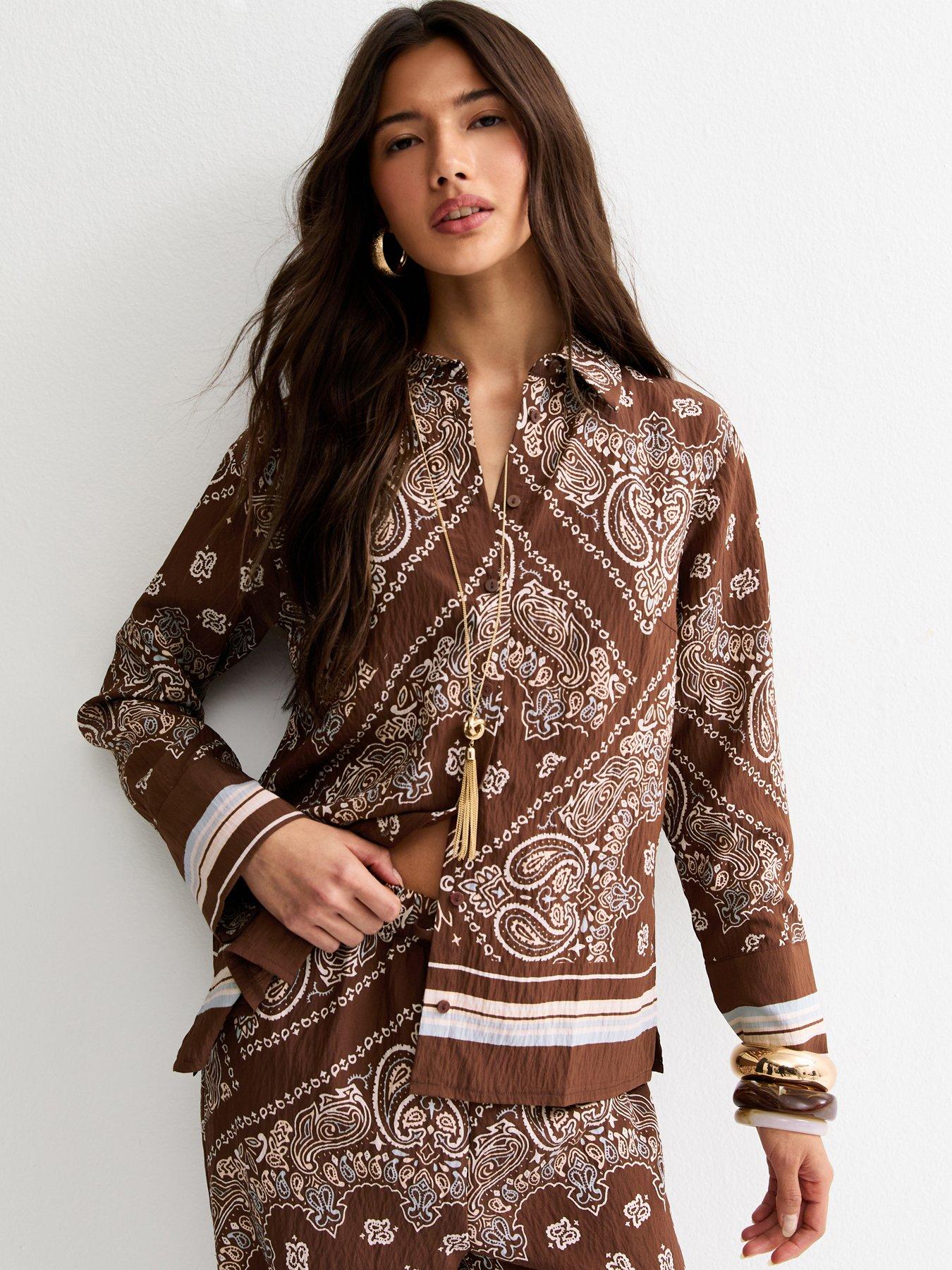 New Look Crinkle Texture Paisley Print Bandana Shirt - Brown