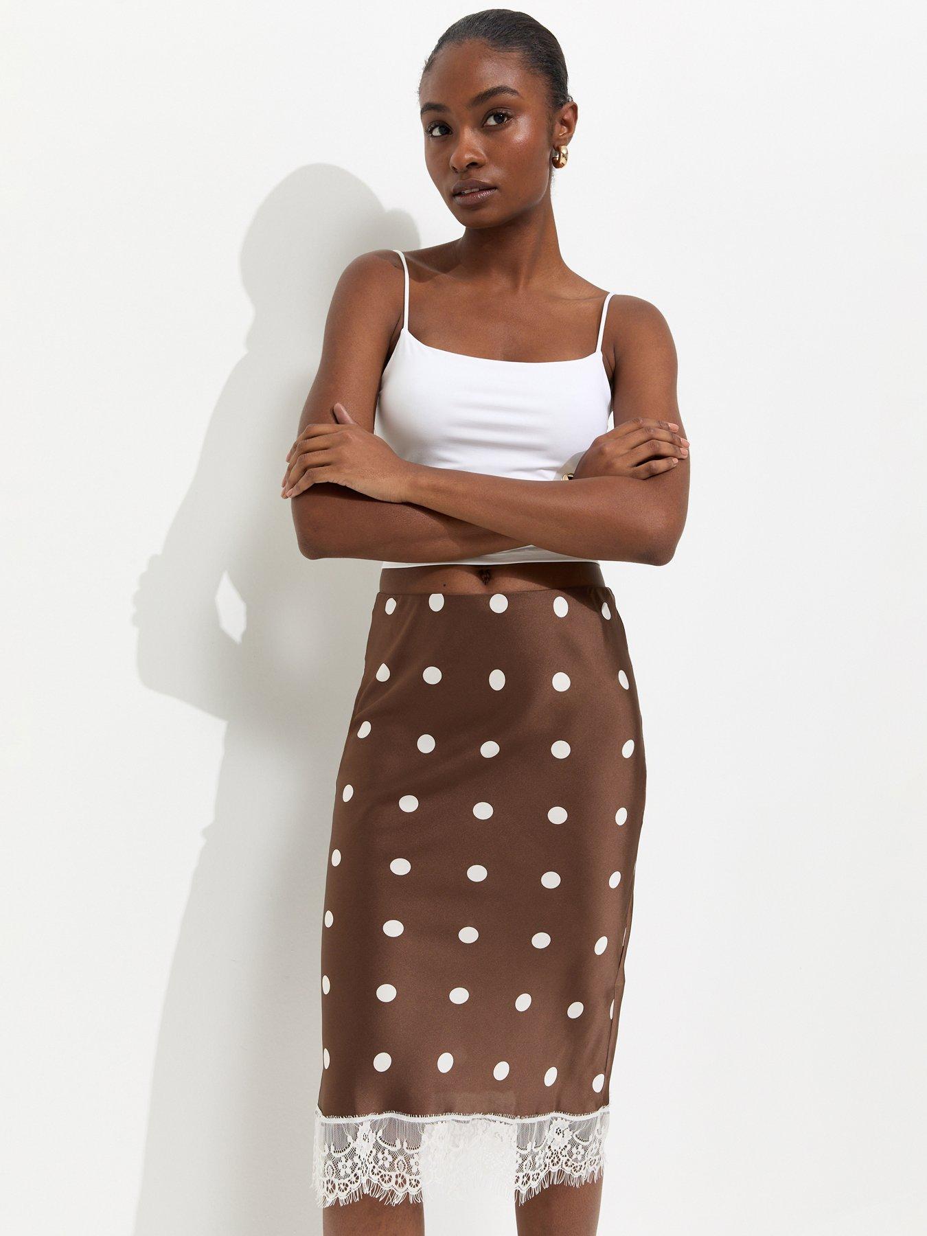 New Look Brown Satin Polka Dot Lace Hem Midi Skirt