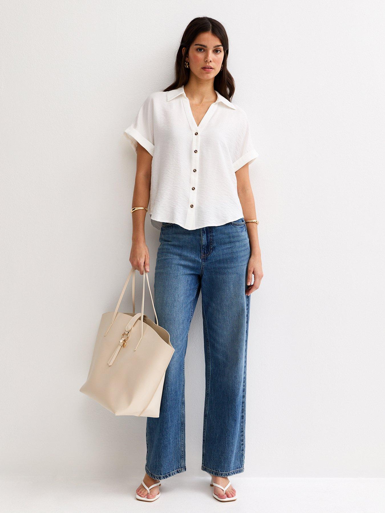 Image 3 of 5 of New Look Collared V Neck Short Shirt - White