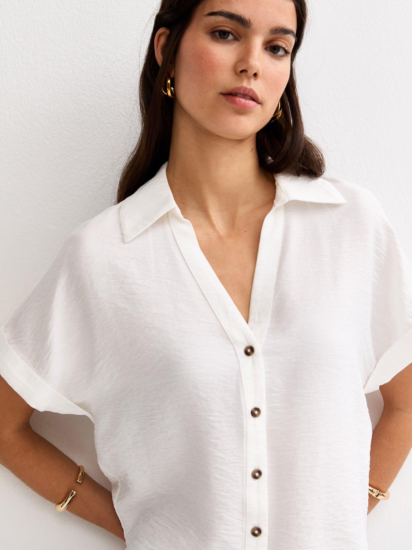 Image 4 of 5 of New Look Collared V Neck Short Shirt - White