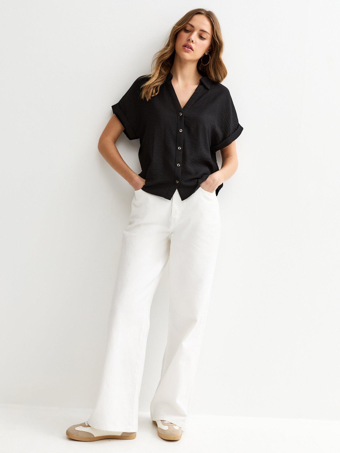  image of new-look-collared-v-neck-short-shirt-black