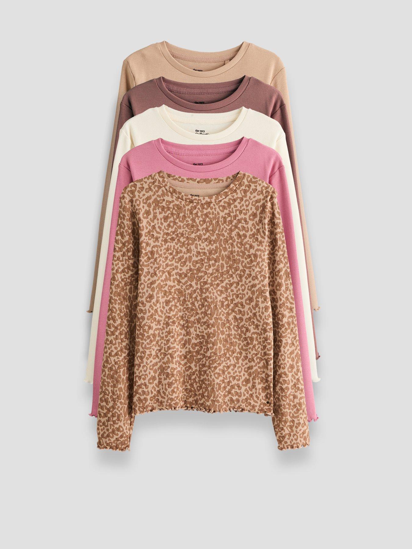 The Very Collection Girls 5 Rib Pack Long Sleeve Basic T-Shirts - Multi