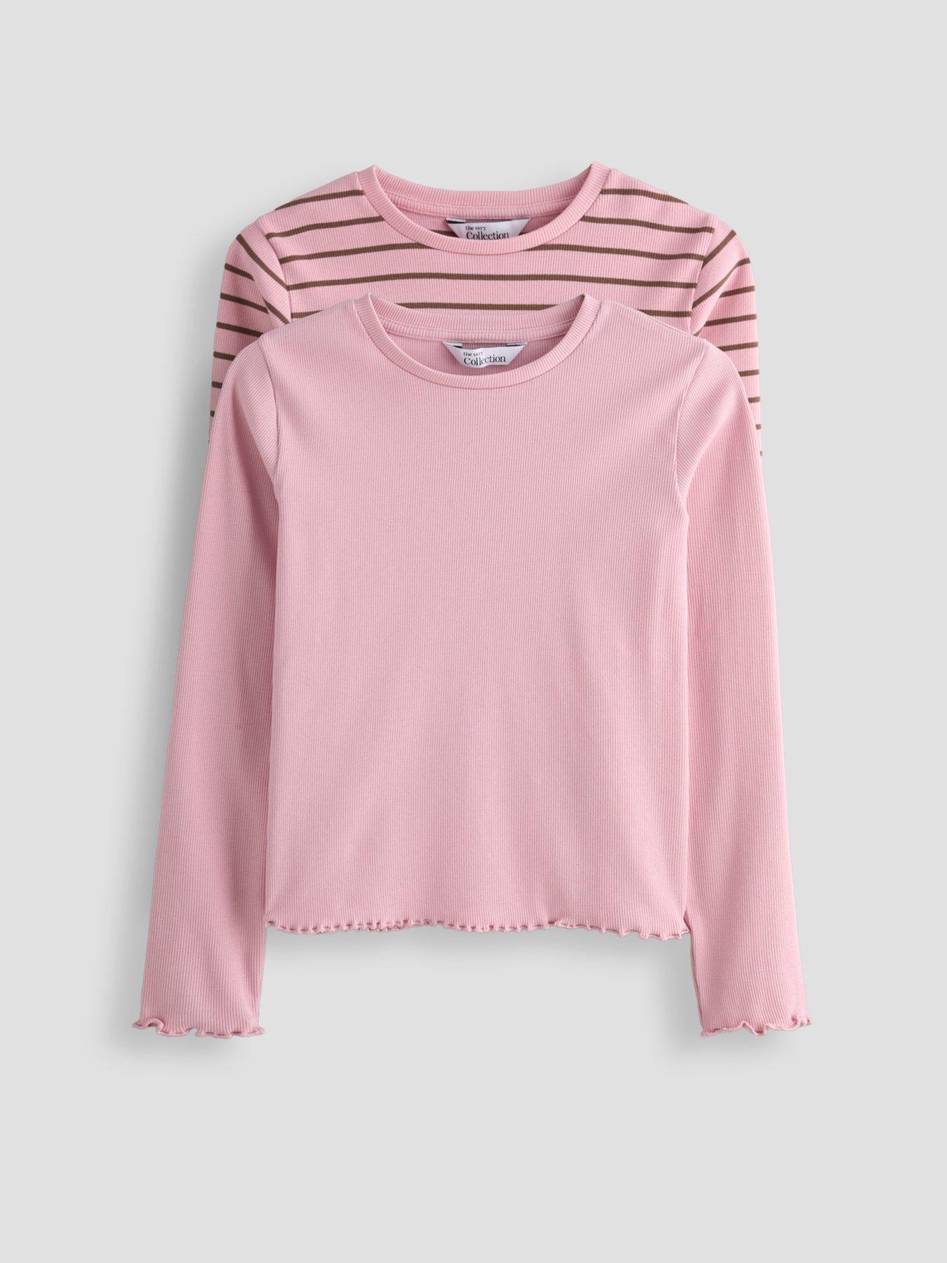 The Very Collection Girls Rib 2 Pack Long Sleeve Basic T-shirts - Pink