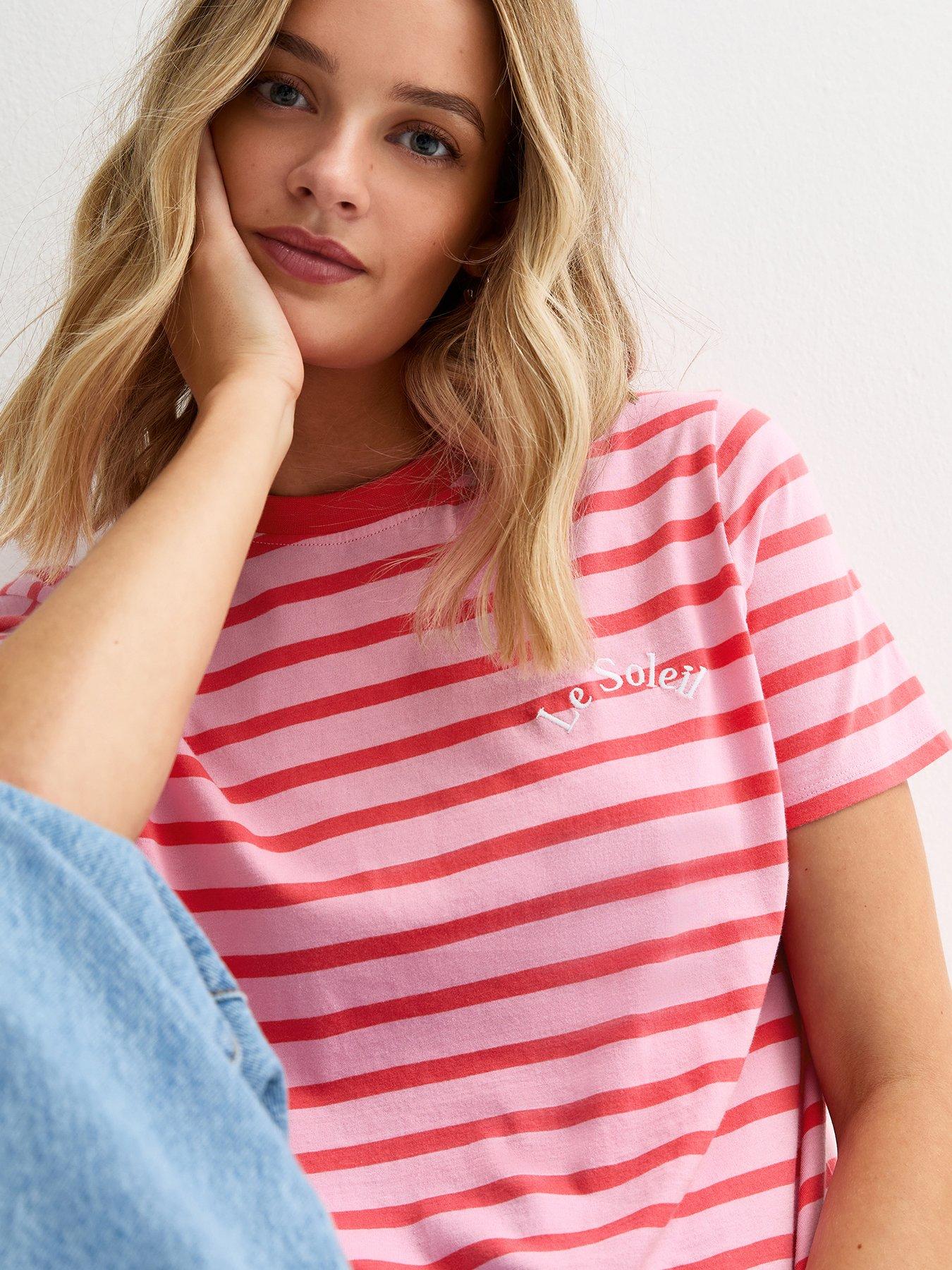 Image 4 of 4 of New Look Striped Le Soleil Embroidered T-Shirt - Pink