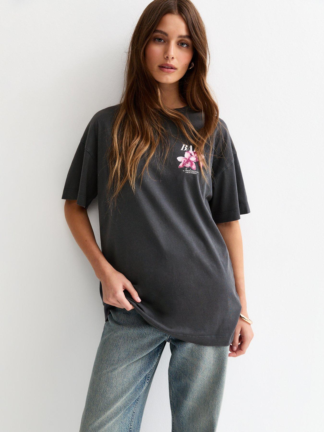 New Look Bali Acid Print Oversized T-Shirt - Dark Grey