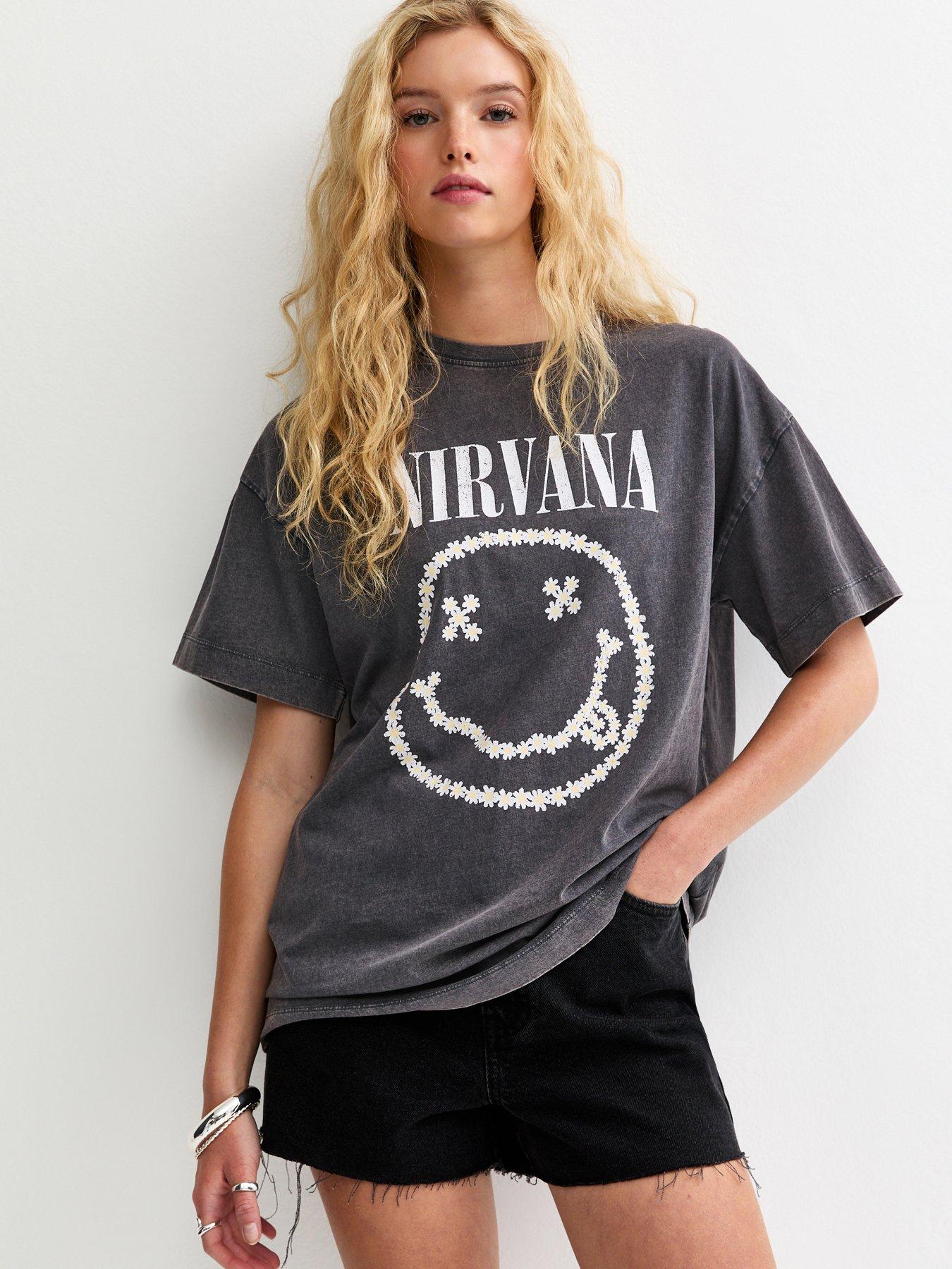New Look Dark Grey Nirvana Daisy Smiley Oversized T-shirt