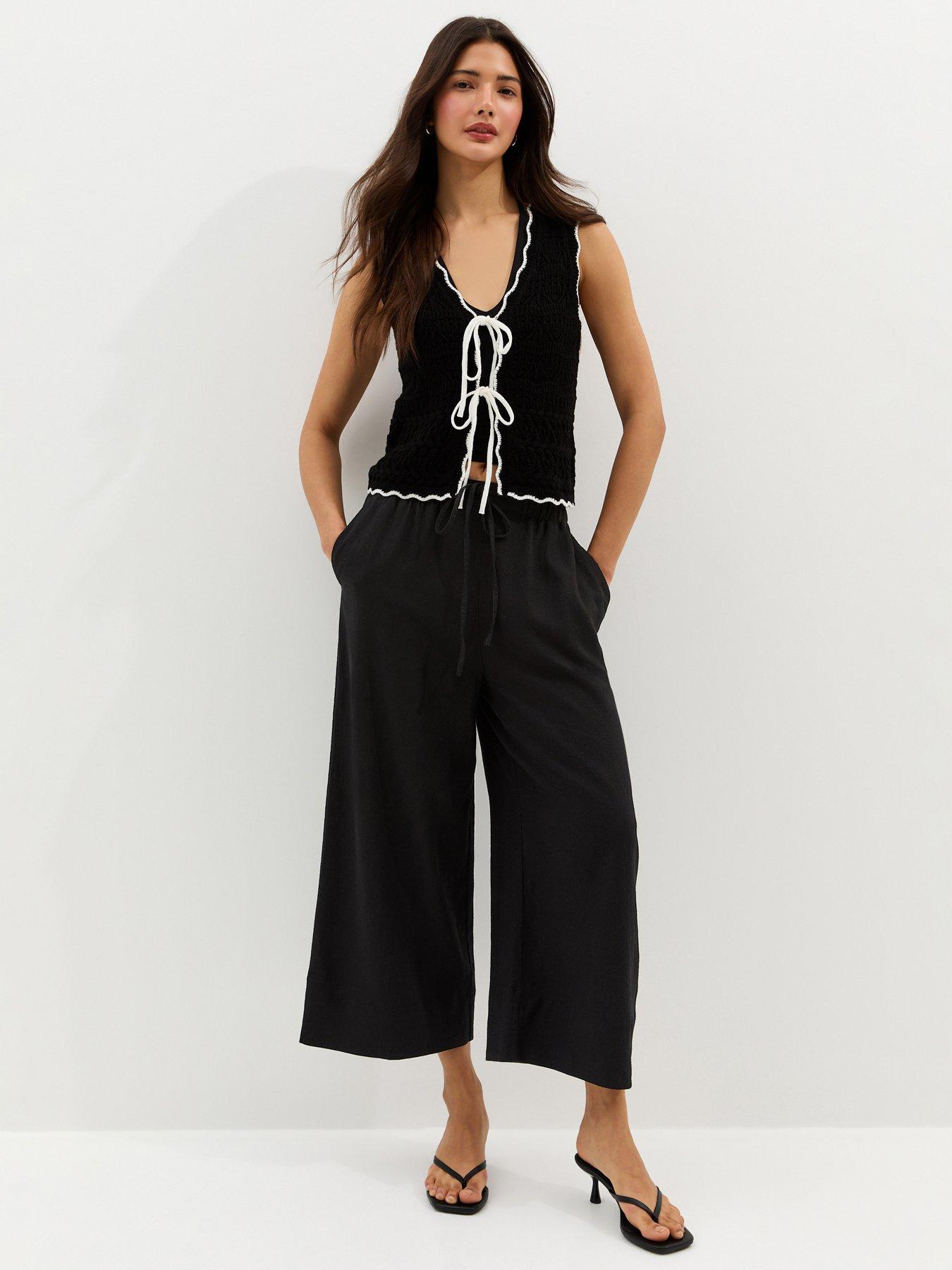 New Look Black Linen Blend Cropped Wide Leg Trousers
