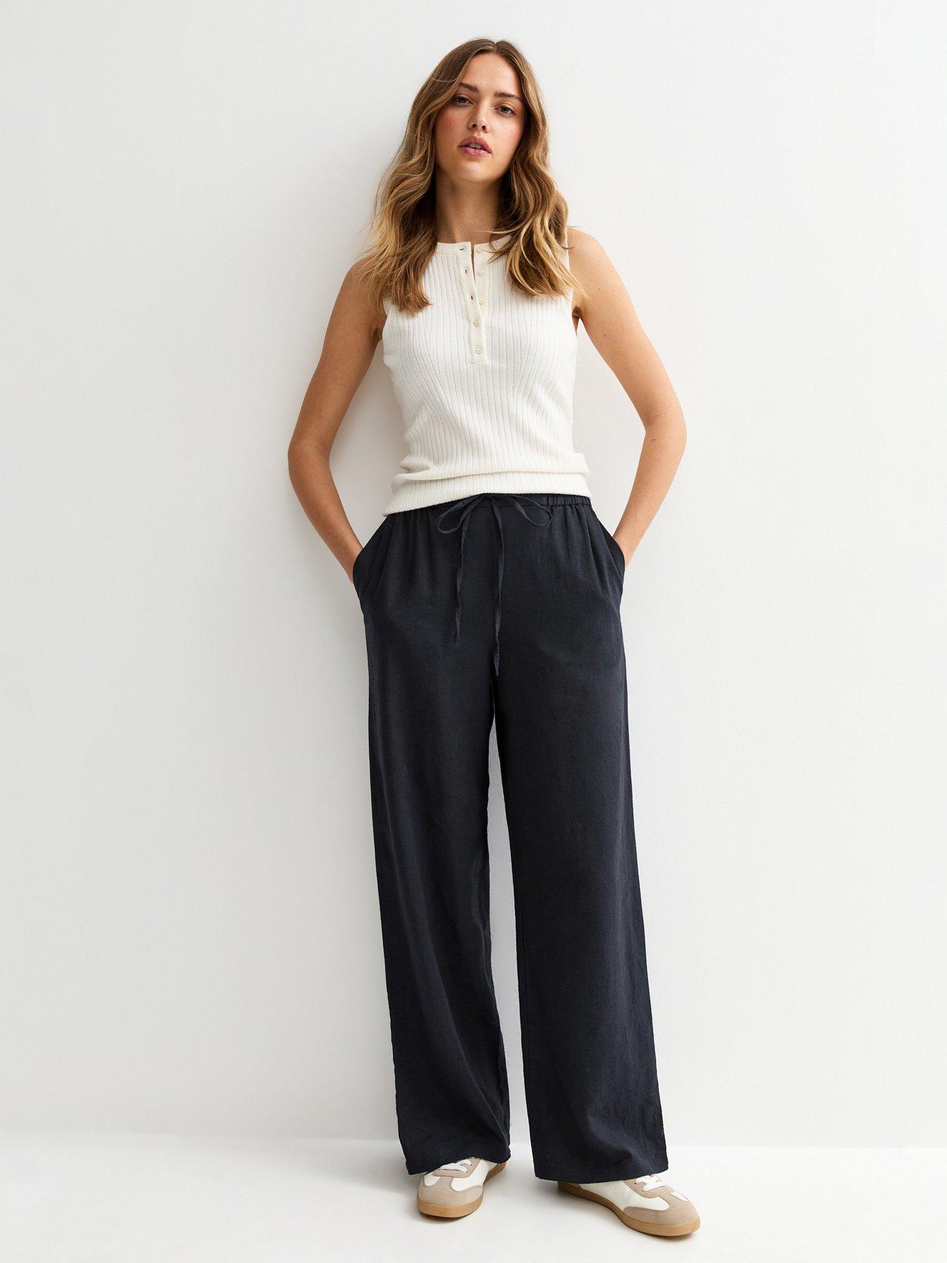 New Look Linen Blend Drawstring Wide Leg Trousers - Navy
