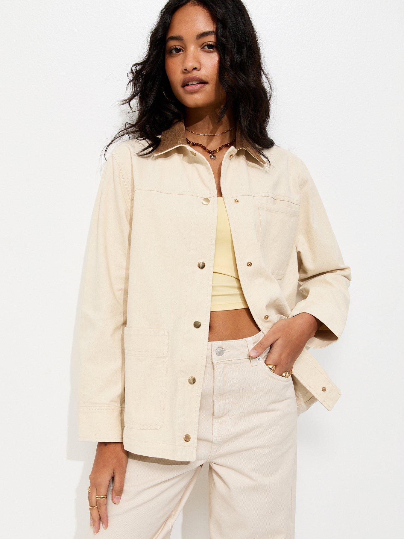 New Look Cotton Longline Corduroy Collar Jacket - Off White