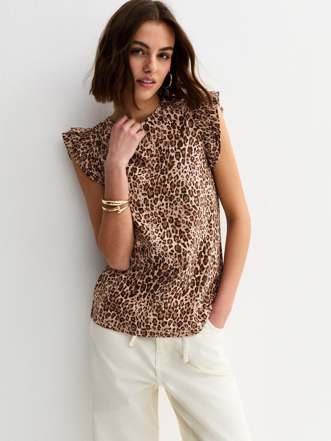  image of new-look-leopard-print-frill-trim-top-brown