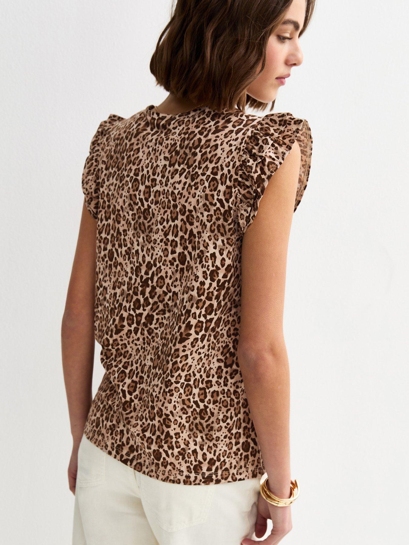  image of new-look-leopard-print-frill-trim-top-brown