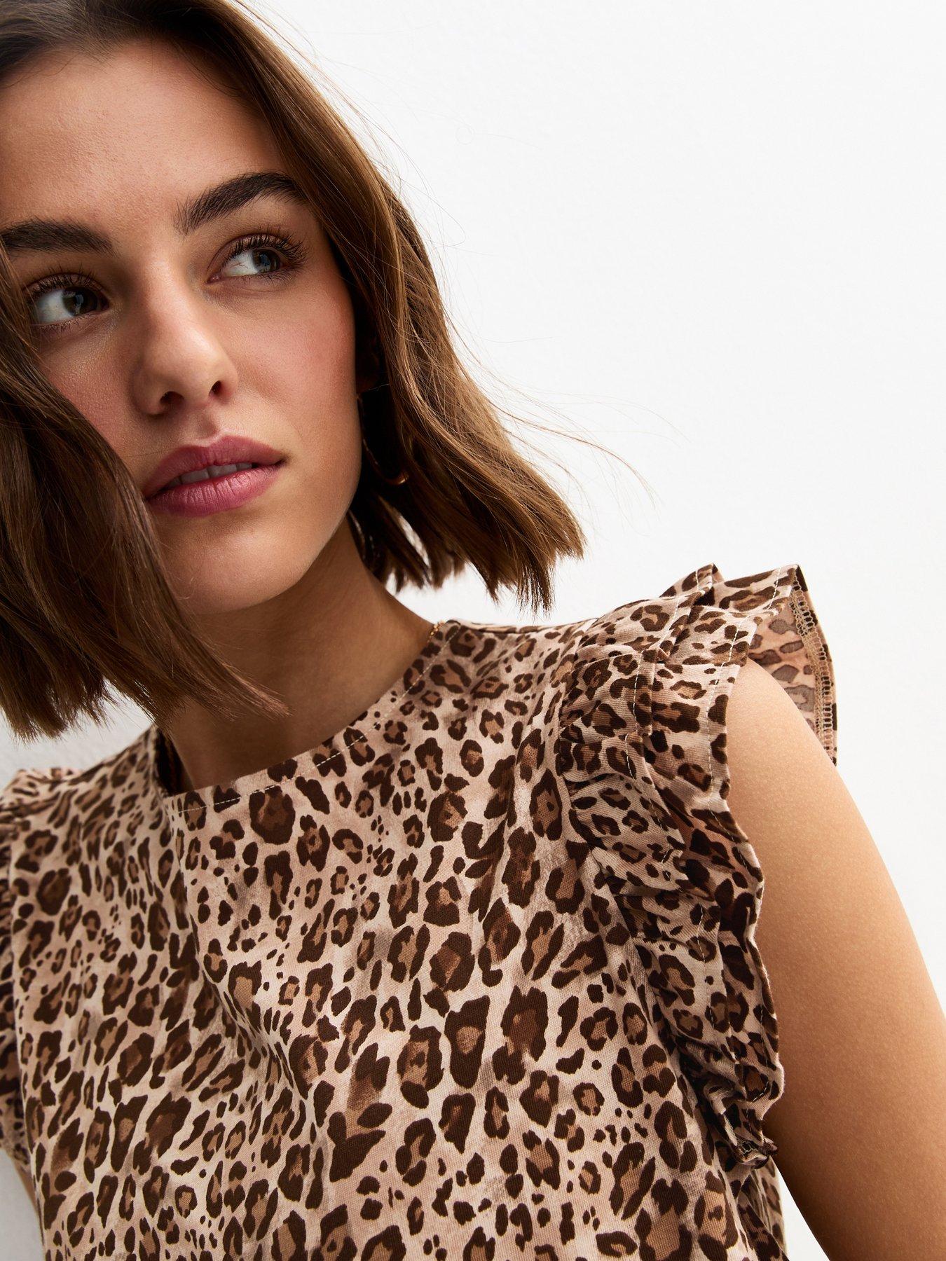  image of new-look-leopard-print-frill-trim-top-brown