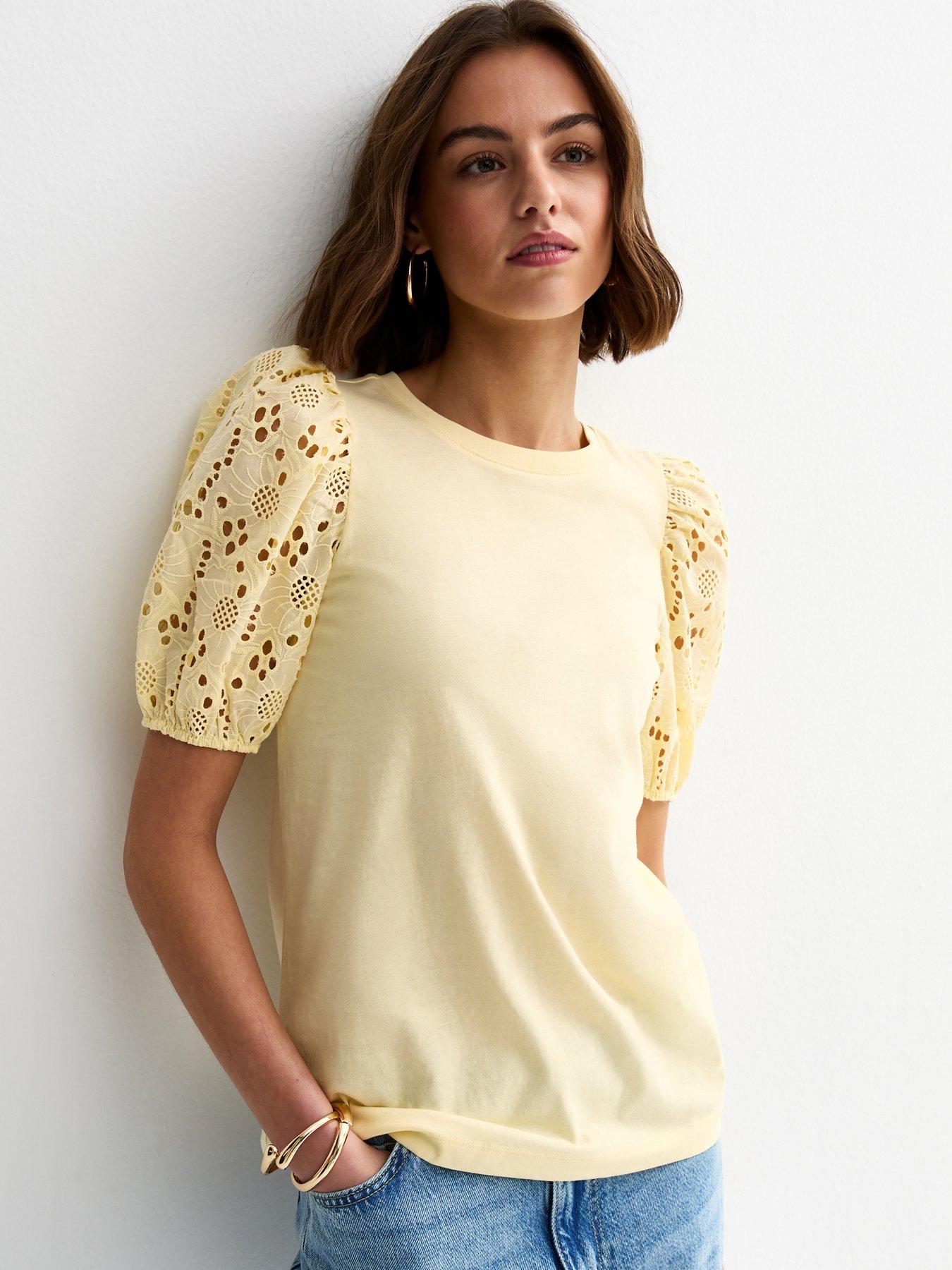 New Look Broderie Anglaise Puff Sleeve Top - Light Yellow