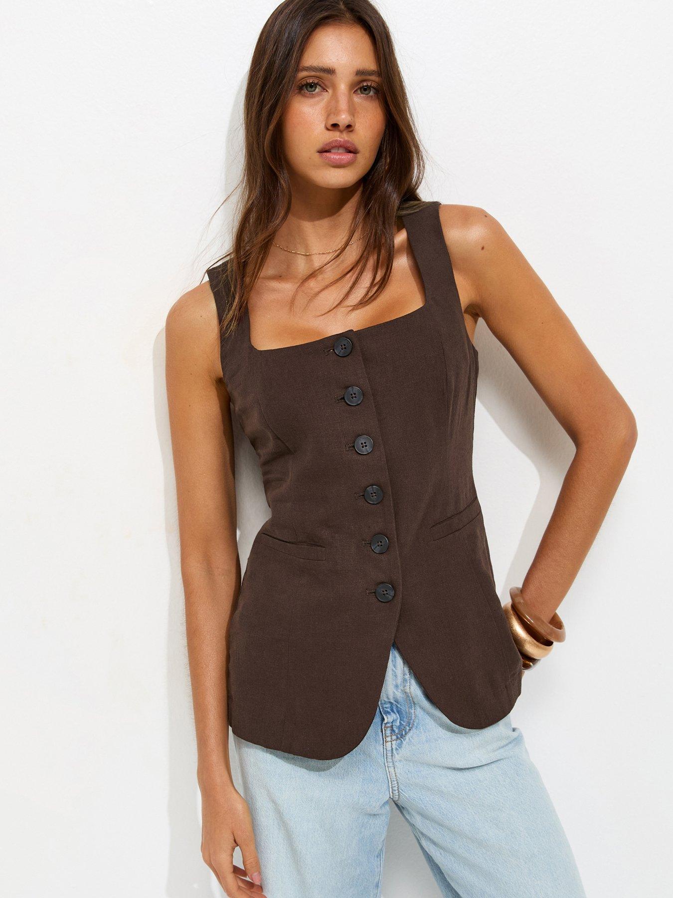 Image 1 of 5 of New Look Linen Rich Thick Strap Waistcoat - Brown