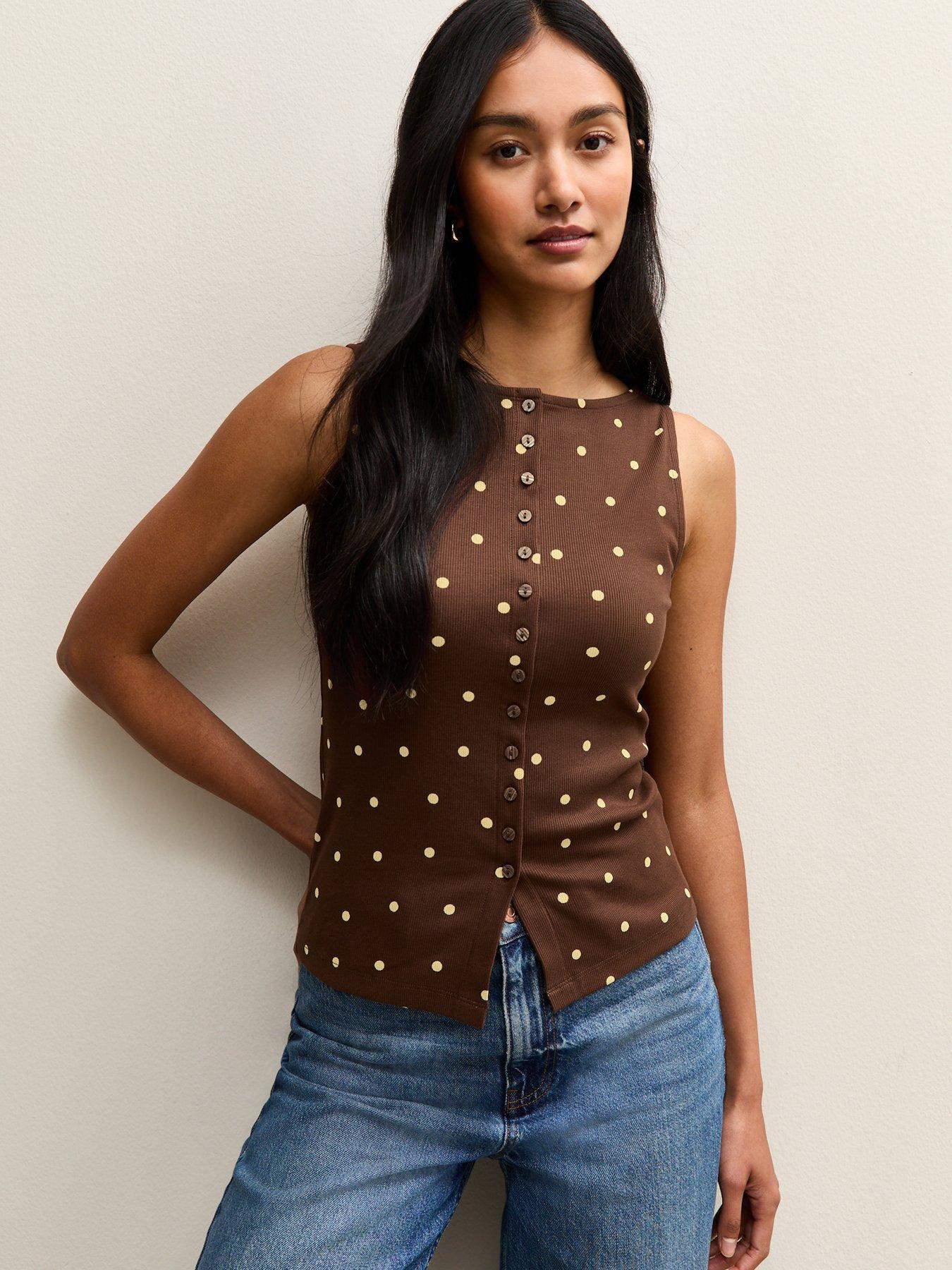  image of new-look-polka-dot-button-up-tank-top-brown
