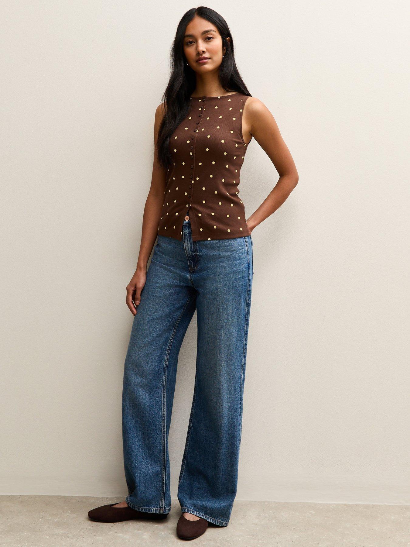  image of new-look-polka-dot-button-up-tank-top-brown