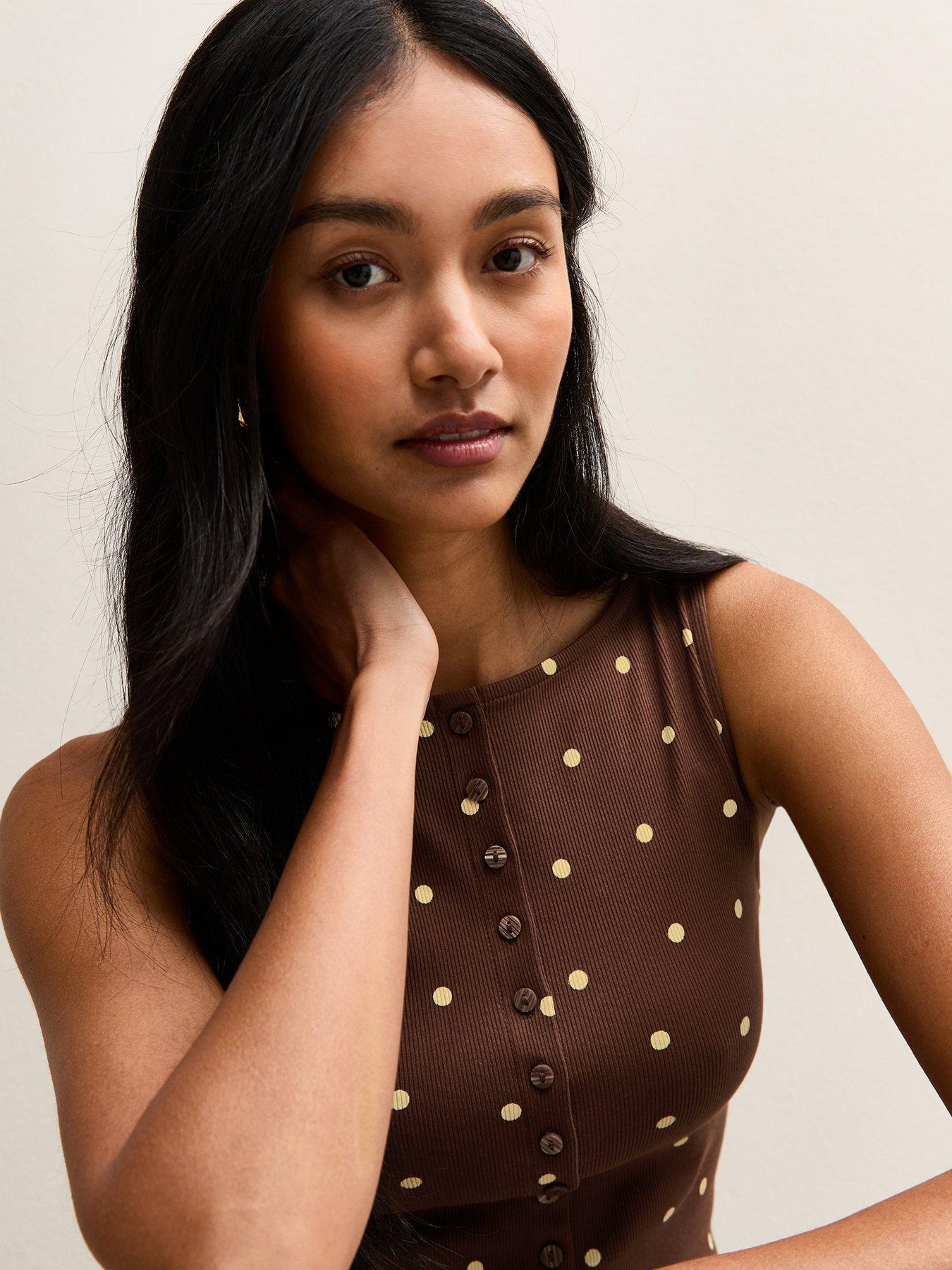  image of new-look-polka-dot-button-up-tank-top-brown