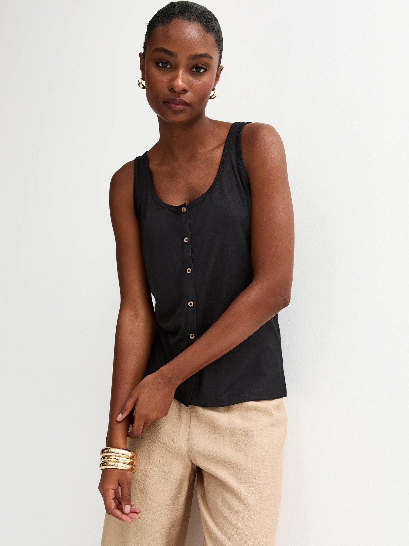 Image 1 of 5 of New Look Slub Button Tank Top - Black
