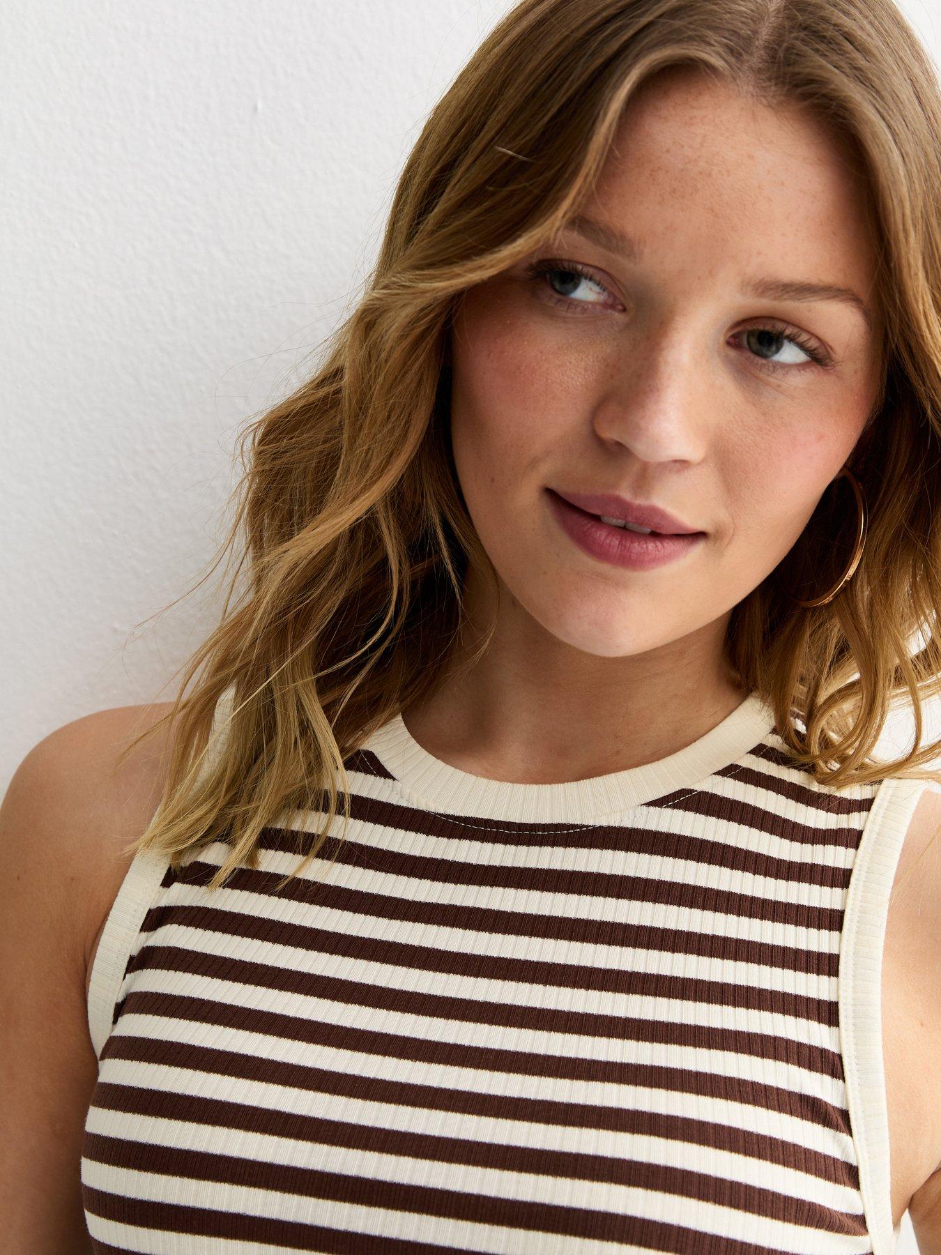 New Look Brown Stripe Print Ribbed Tank Top | Littlewoods